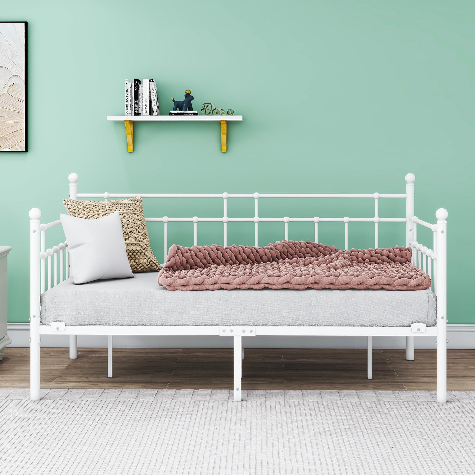 HOMERECOMMEND Metal Daybed Frame Steel Slats Platform Base Box Spring Replacemen Bed Sofa for Living Room Guest Room (Twin, White).