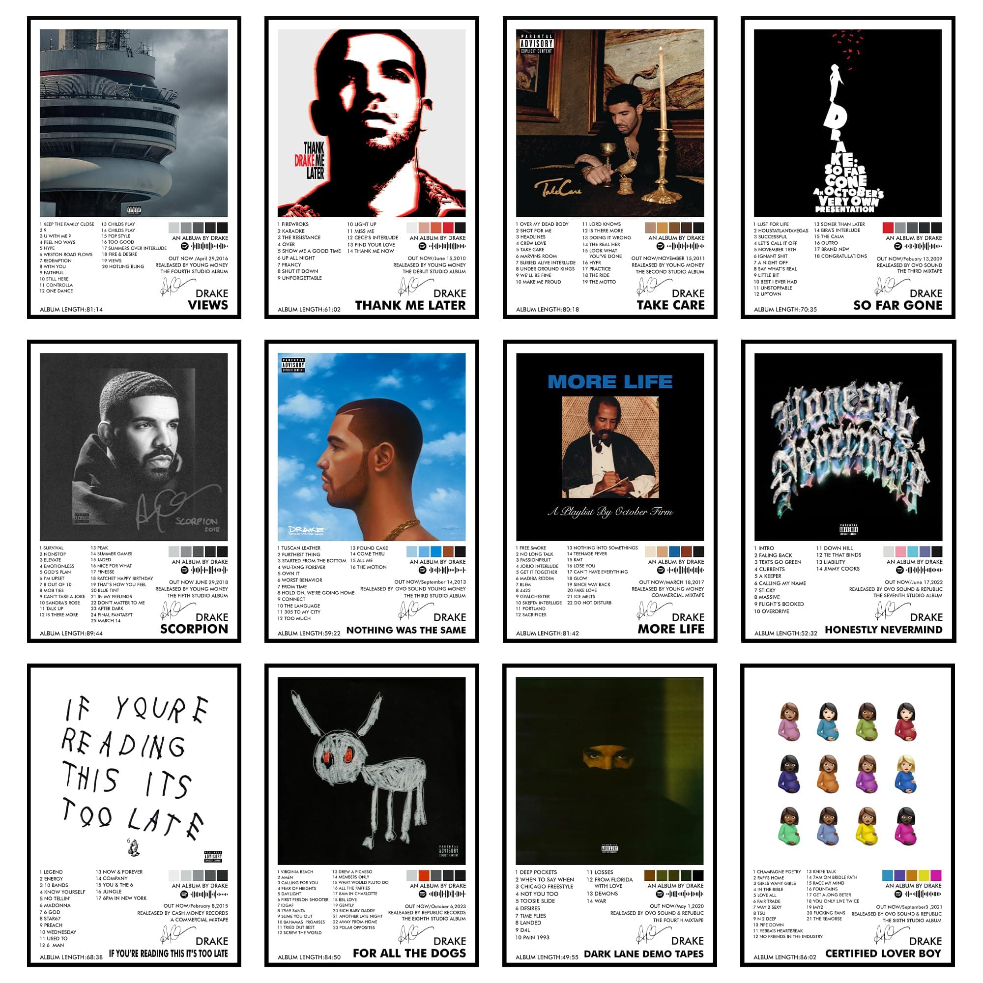 Thepaper9store Pack of 12 - Drake Music Album Art Wall Posters 8.2x11.8 inch Adhesive Tape Attached Wall Decor, Music Poster, Wall Art For Bedroom, Living room, Office (Drake)