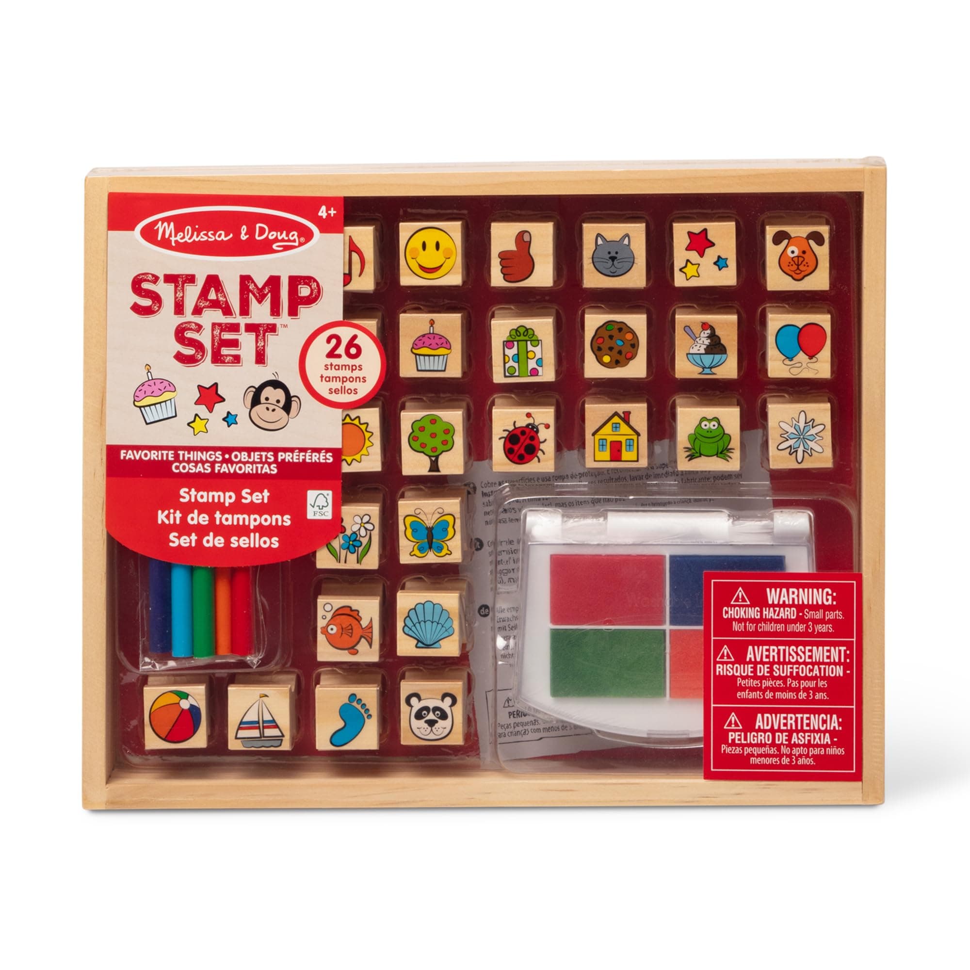 Melissa & Doug Wooden Stamp Set, Favorite Things - 26 Wooden Stamps, 4-Color Stamp Pad