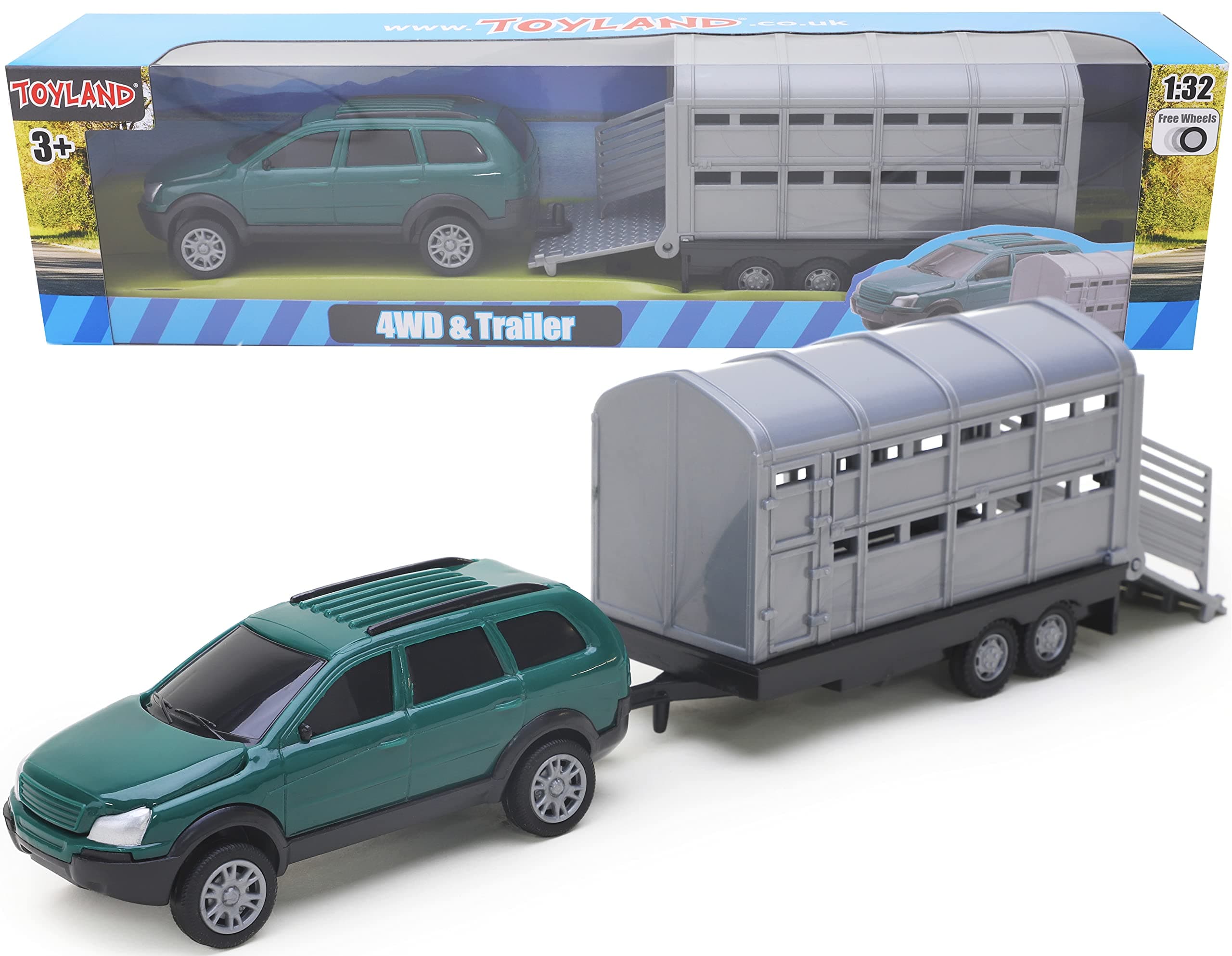 4x4 Car and Livestock Trailer Set 1:32 Scale (GREEN)