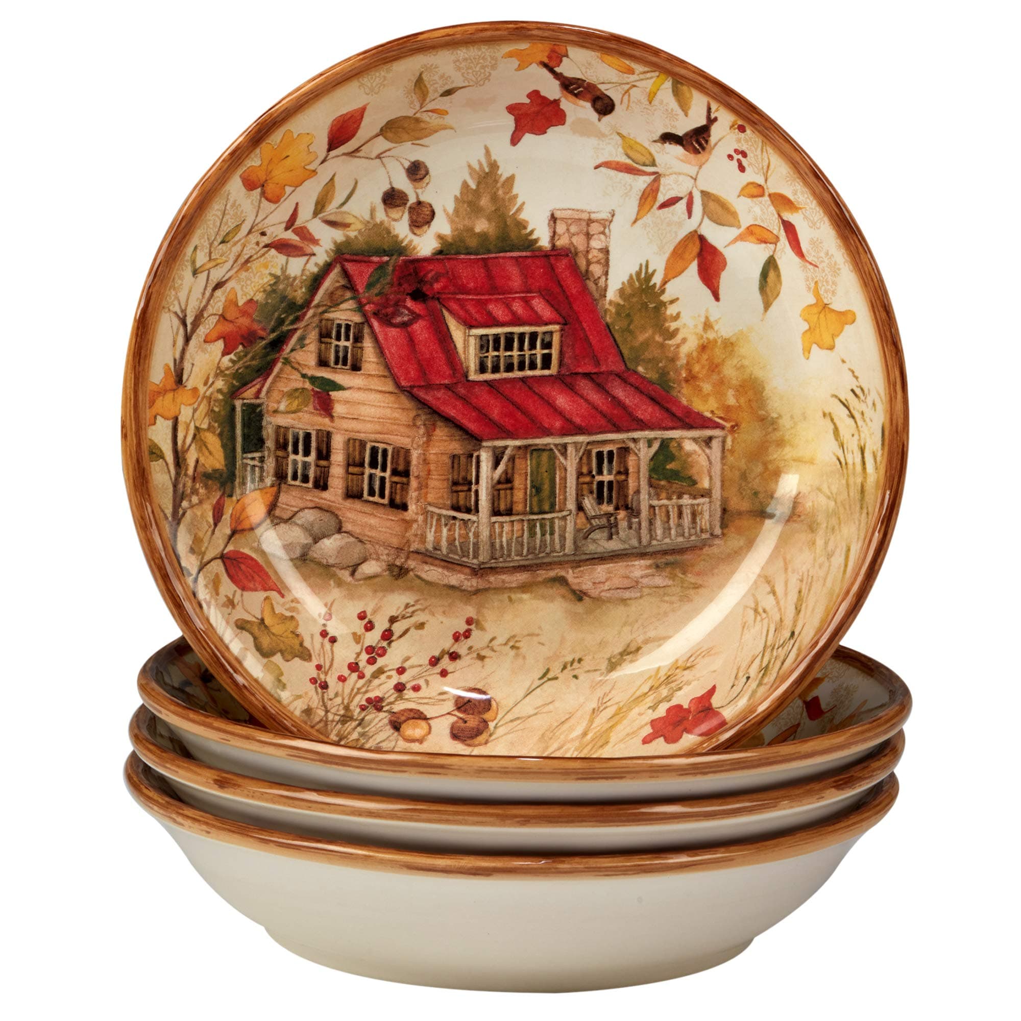Pine Forest 24 oz. Ceramic Soup & Cereal Bowls, Set of 4 – Autumn Cabin-Inspired Woodland Bowls for Hearty Soups, Chili, Oatmeal, Stews, Fall Serving, Farmhouse Decor or Thanksgiving Tableware