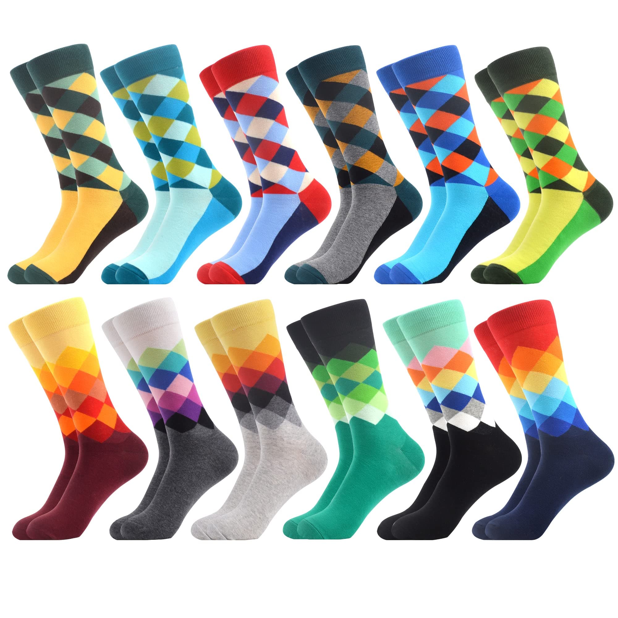 Men's Dress Colorful Argyle Funny Novelty Combed Cotton Crew Socks 12 Packs
