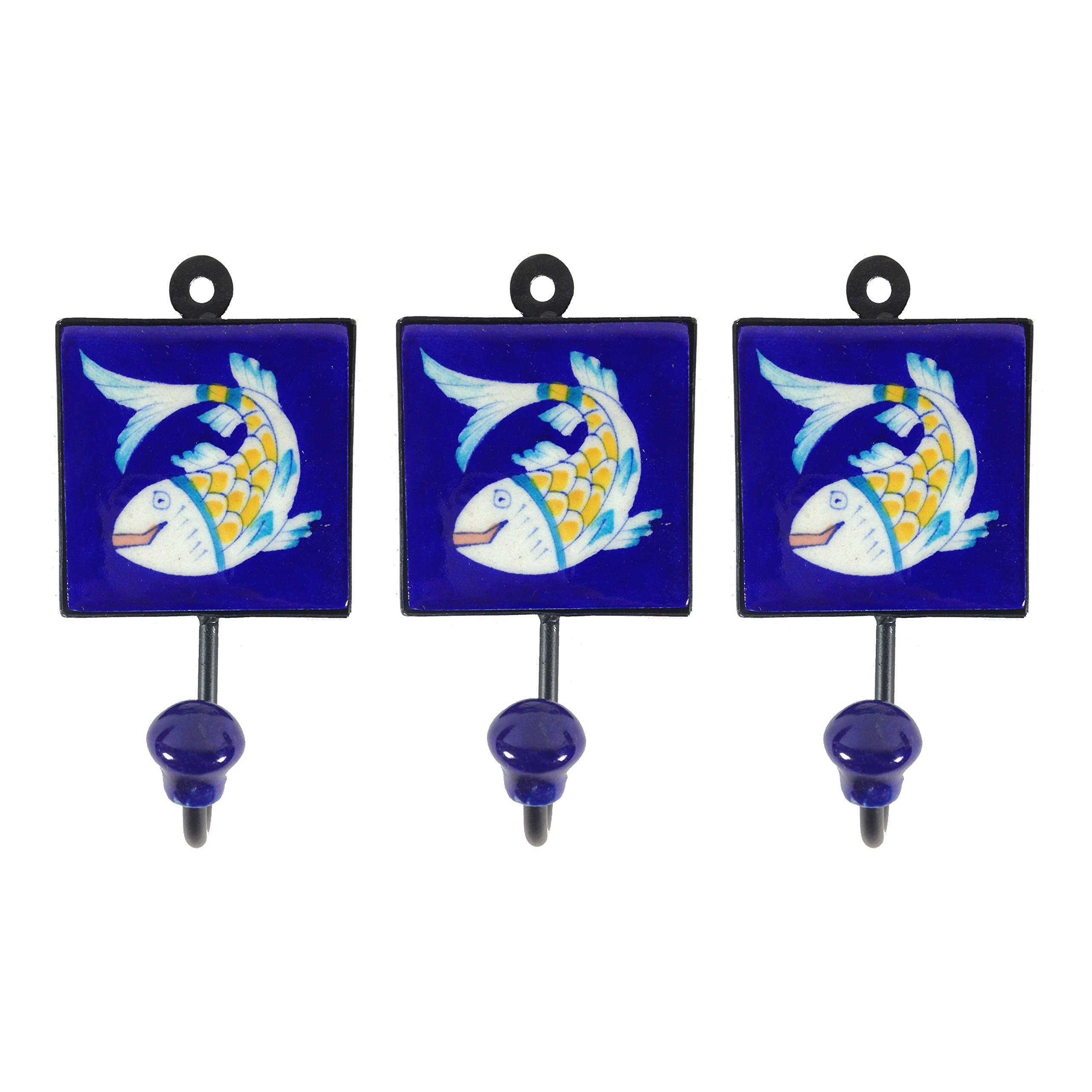 Pottery & Iron - Dancing Asian Fish Square Wall Hooks - Set of 3 - Iron Hangers for Coats, Aprons, Hats, Towels, Pot Holders (Blue)