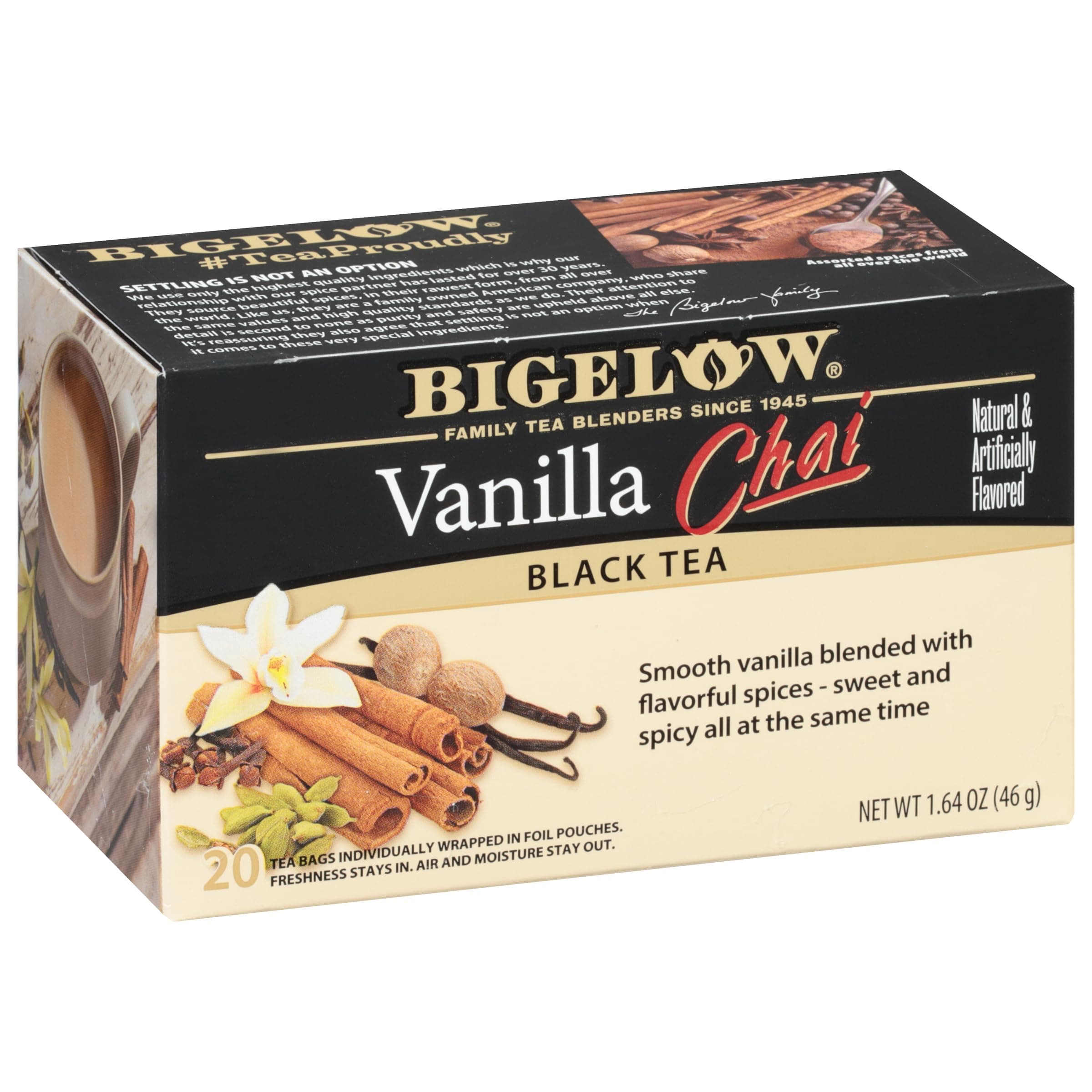 Bigelow Vanilla Chai Tea Bags 20-Count Boxes (Pack of 6), 120 Tea Bags Total. Caffeinated Individual Black Tea Bags, for Hot Tea or Iced Tea, Drink Plain or Sweetened with Honey or Sugar