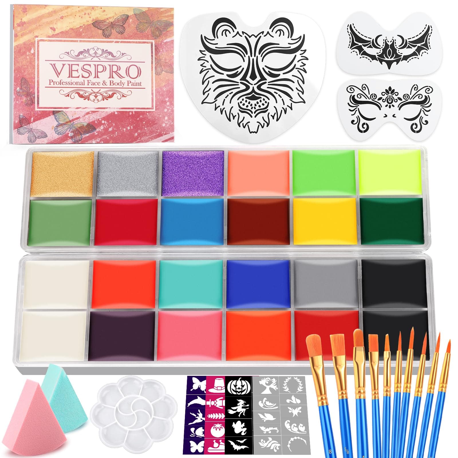 Face Painting Kit For Adult Party,22 Colors Face Paint Kit Includes Paint Tray,Sponges,Brushes and Stencils,Professional Face Painting Kit Non Toxic for Adults Halloween Makeup