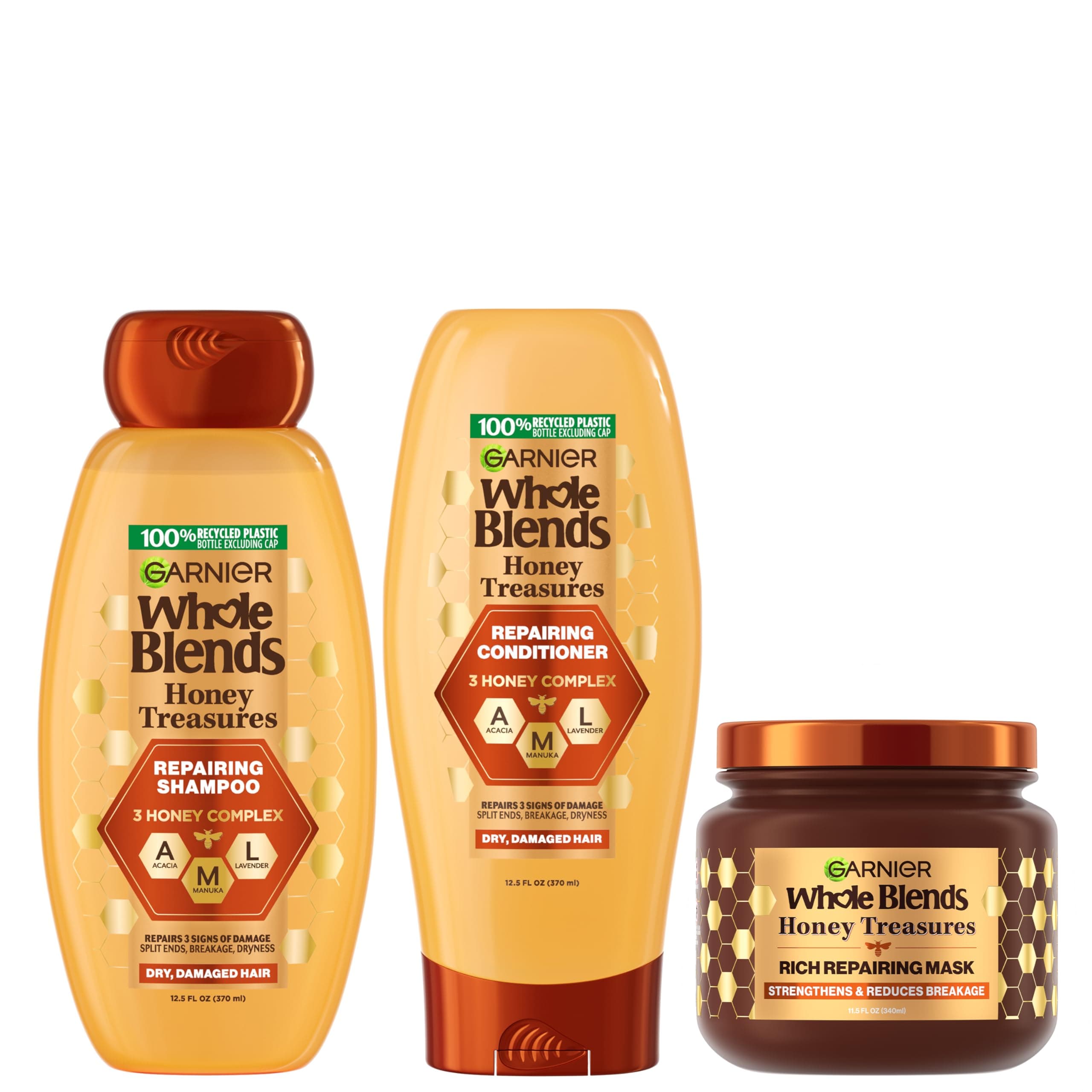 Whole Blends Honey Treasures Repairing Shampoo, Conditioner + Hair Mask Set for Dry, Damaged Hair (3 Items), 1 Kit (Packaging May Vary)