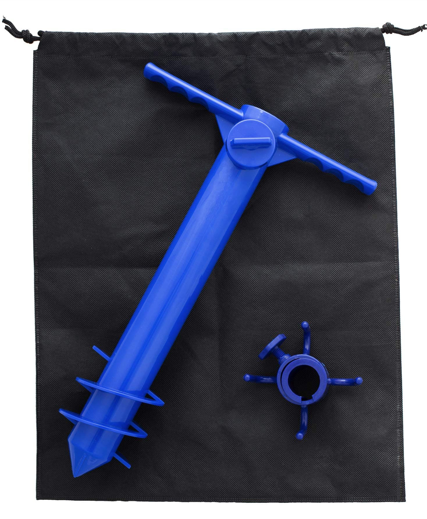 Extraordinaire Beach Umbrella Sand Anchor - One Size Fits All Pole Base Screw Holder Stand Portable Auger Stake Support Safe for Strong Winds Sturdy Blue Plastic Complete with Towel Hook and Carry Bag