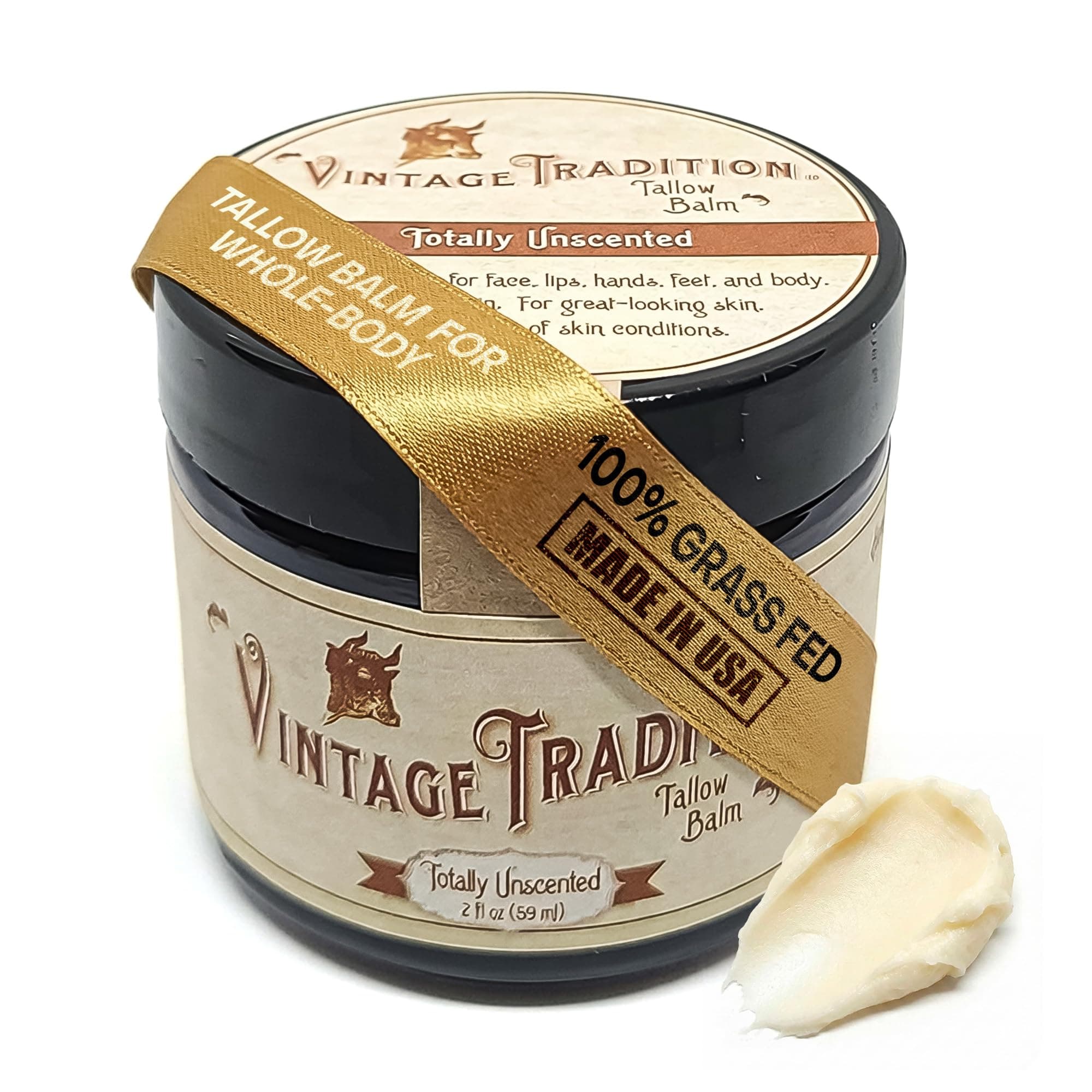 Vintage Tradition Beef Tallow Balm for Skin Care – Unscented, All Purpose Balm for Sensitive Skin Heals and Hydrates with Olive Oil + Tallow from Grass-Fed Cows – Beef Tallow for Skin , 2 fl. oz.