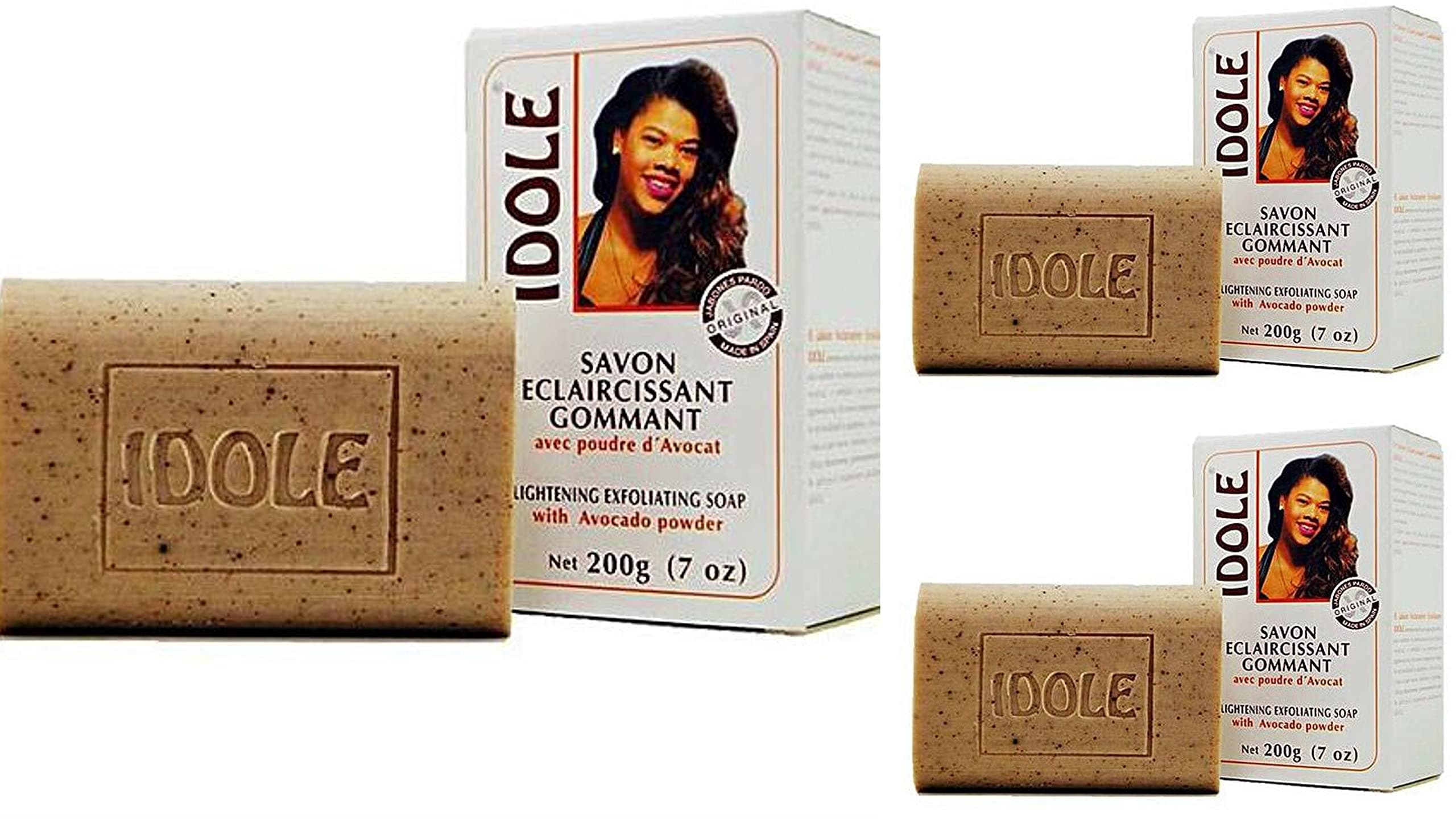 Idole Brightening Exfoliating Soap with Avocado Seed Powder, Net 125 grams (4.4 ounces) 3-Pack