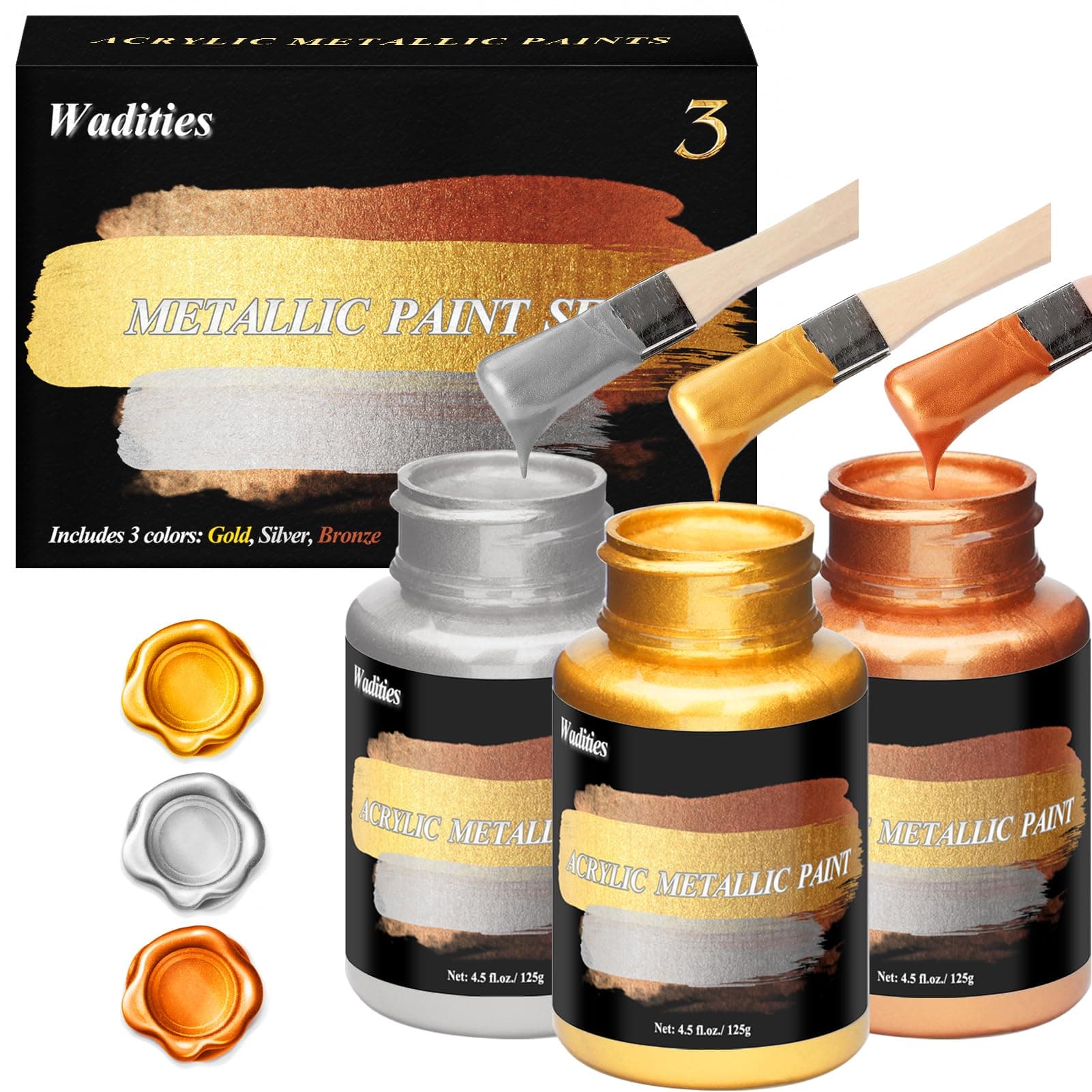 – Acrylic Paint Metallic, 375g Gold & Silver & Bronze, Gold Leaf Paint for Art Painting, Ideal for Canvas, Wood, Clay, Fabric, Ceramic, Stone, Glass Craft Supplies