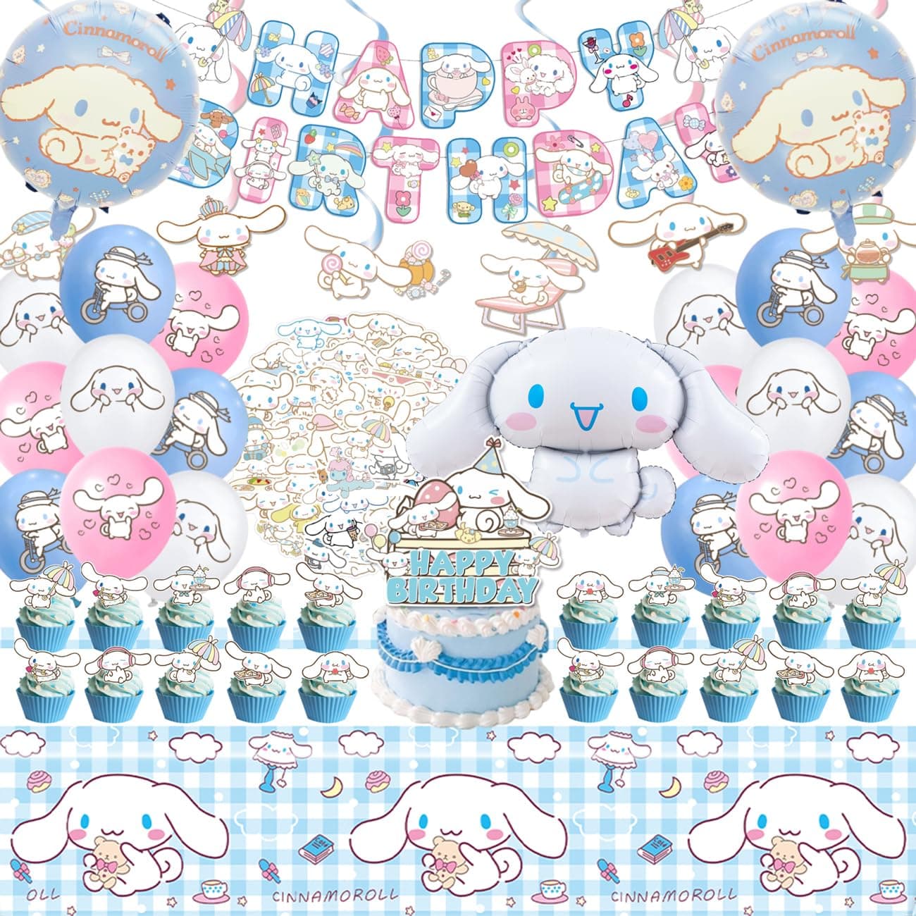 AVONO Cinnamoroll Birthday Decorations, 101PCS Party Supplies Set Include Banner, Balloons, Stickers, Hanging Swirls, Cake Cupcake Toppers, Tablecloth for Kids Cinnamoroll Theme Party