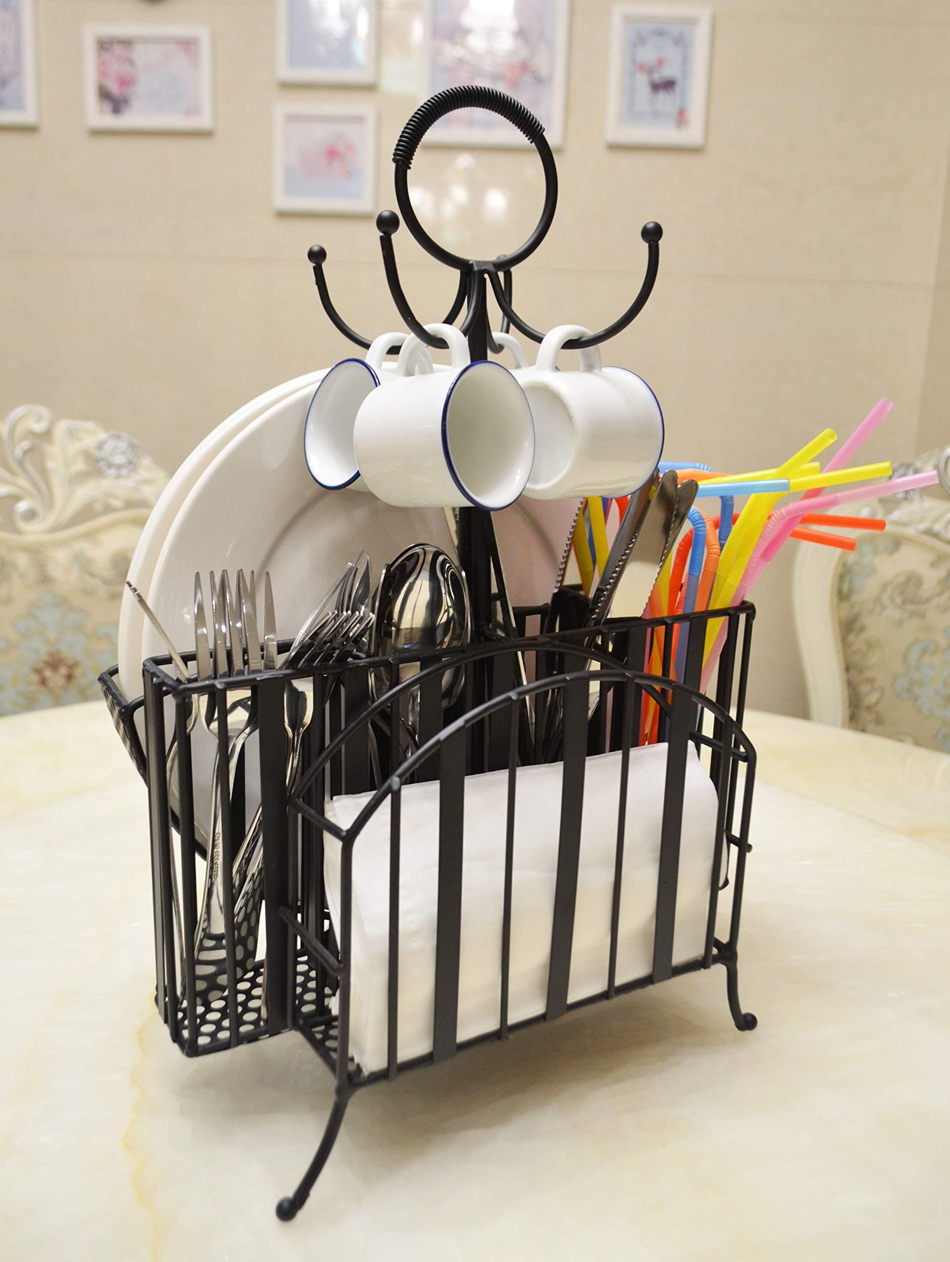 ShabbyDecor Picnic Caddy Organizer Flatware Caddy with Paper Plate Holder,Matt Black L 11.5’’ W 6.9’’ H 16’’