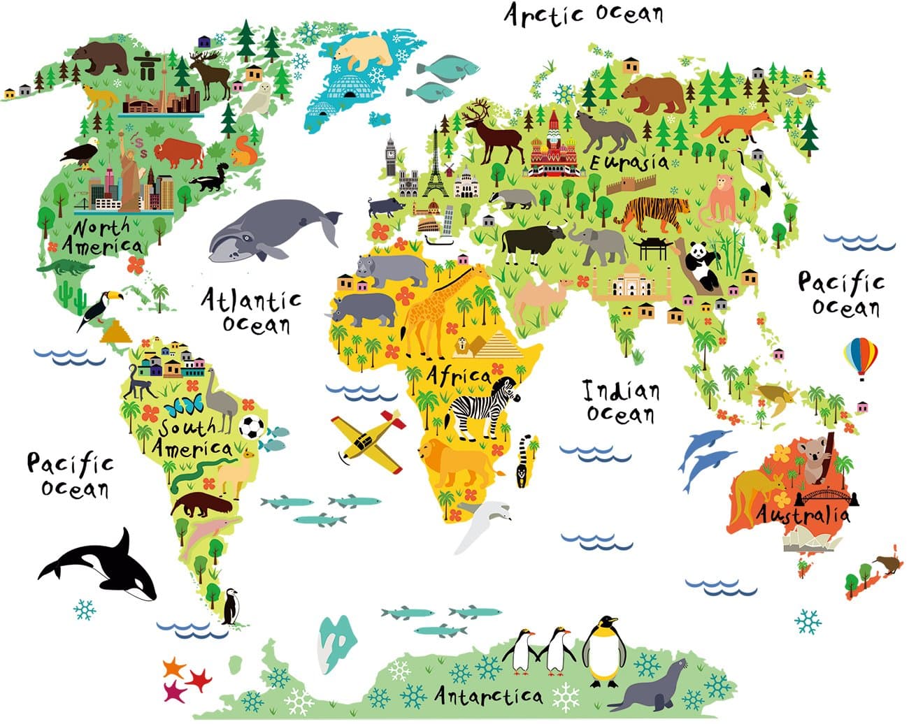 HomeEvolution Large Kids Educational Learning Animal Landmarks World Map Peel & Stick Wall Decals Stickers Home Decor Art for Nursery