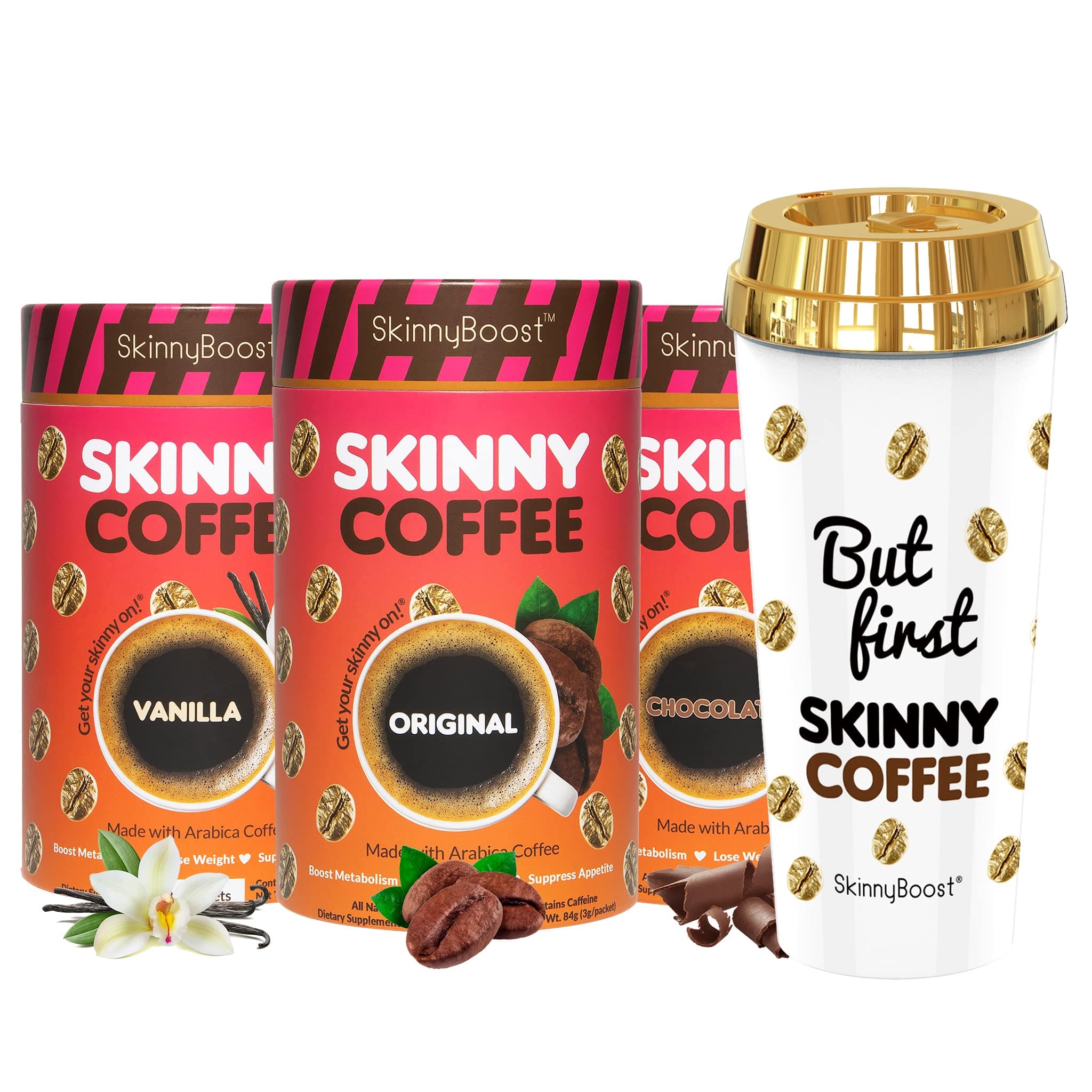 Skinny Boost Skinny Coffee Variety Pack Plus FREE Tumbler- Original, Vanilla, and Chocolate-Made with Arabica Beans, Garcinia Cambogia, Green Tea Extract, Green Coffee Bean Extract, and Prebiotics-Gluten Free/Keto Friendly, Non GMO. (28 Packets/Container)