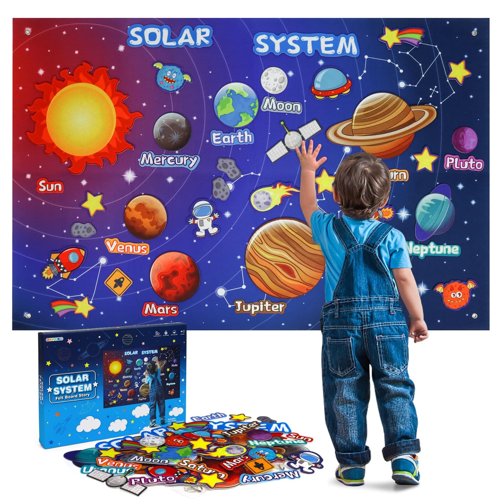 OKOOKO Solar System Felt Story Board Set 41PCS 43x29inch Outer Space Universe Storytelling with Hooks Astronaut Planets Galaxy Preschool Craft Early Learning Interactive Play Kit for Toddlers Kids 4+