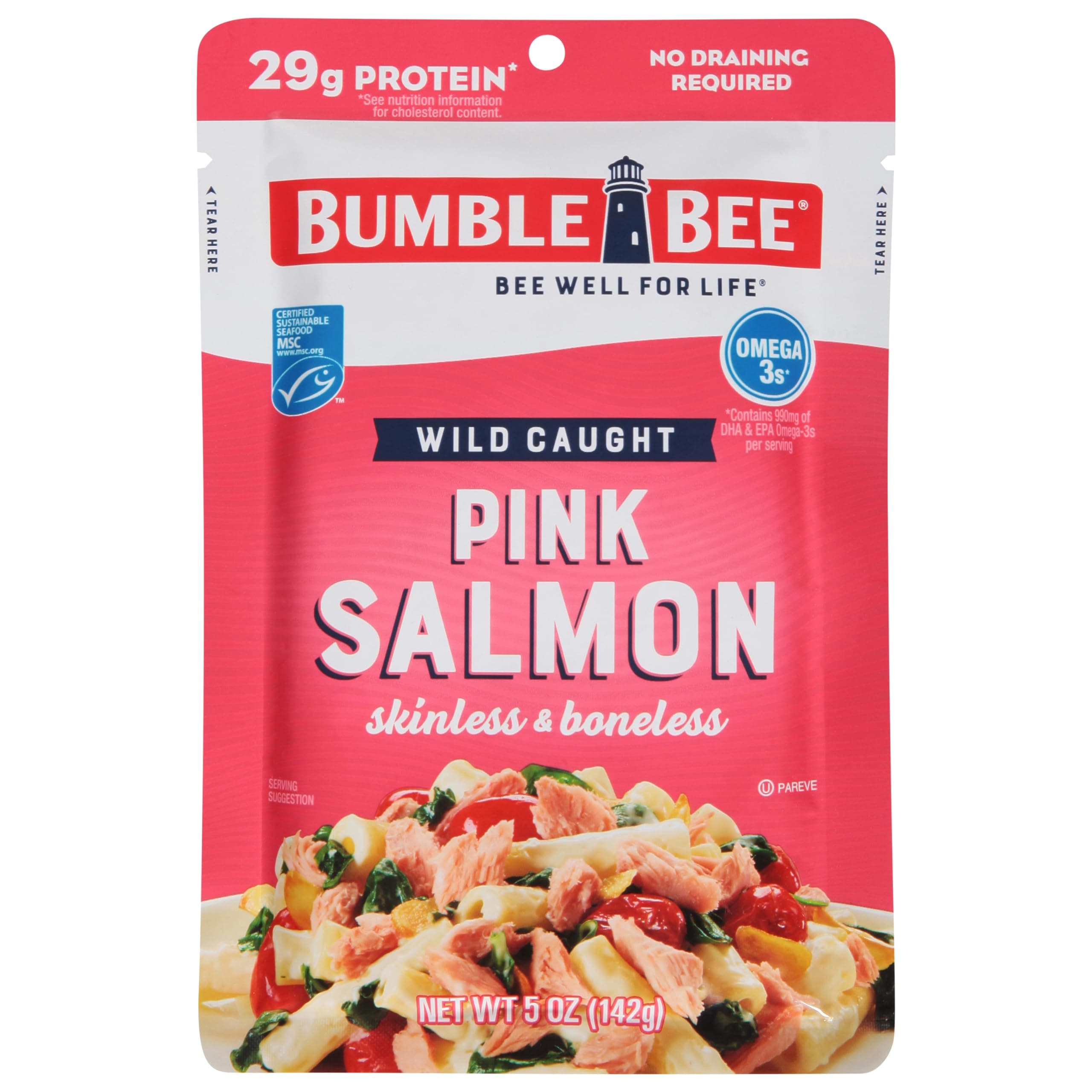 Bumble Bee Skinless & Boneless Pink Salmon, 5 oz Pouch - Premium Wild Caught Salmon for Snacks, Sandwiches & Recipes - 29g Protein per Serving - Gluten Free, Kosher, MSC Certified