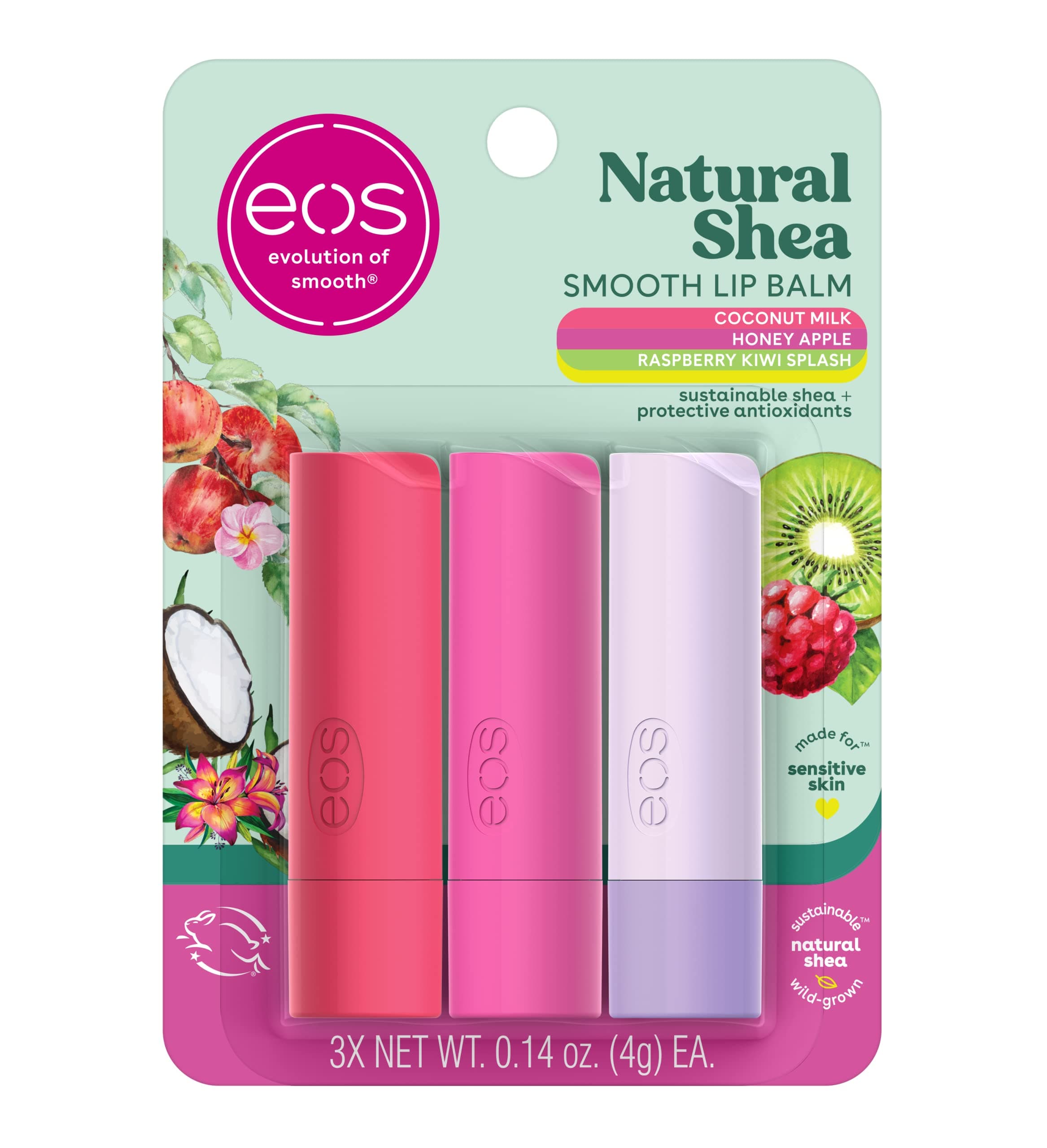 Natural Shea Lip Balm, Honey Apple, Coconut Milk & Raspberry Kiwi Splash, All-Day Moisture, Lip Care Products, 0.14 oz, 3-Pack