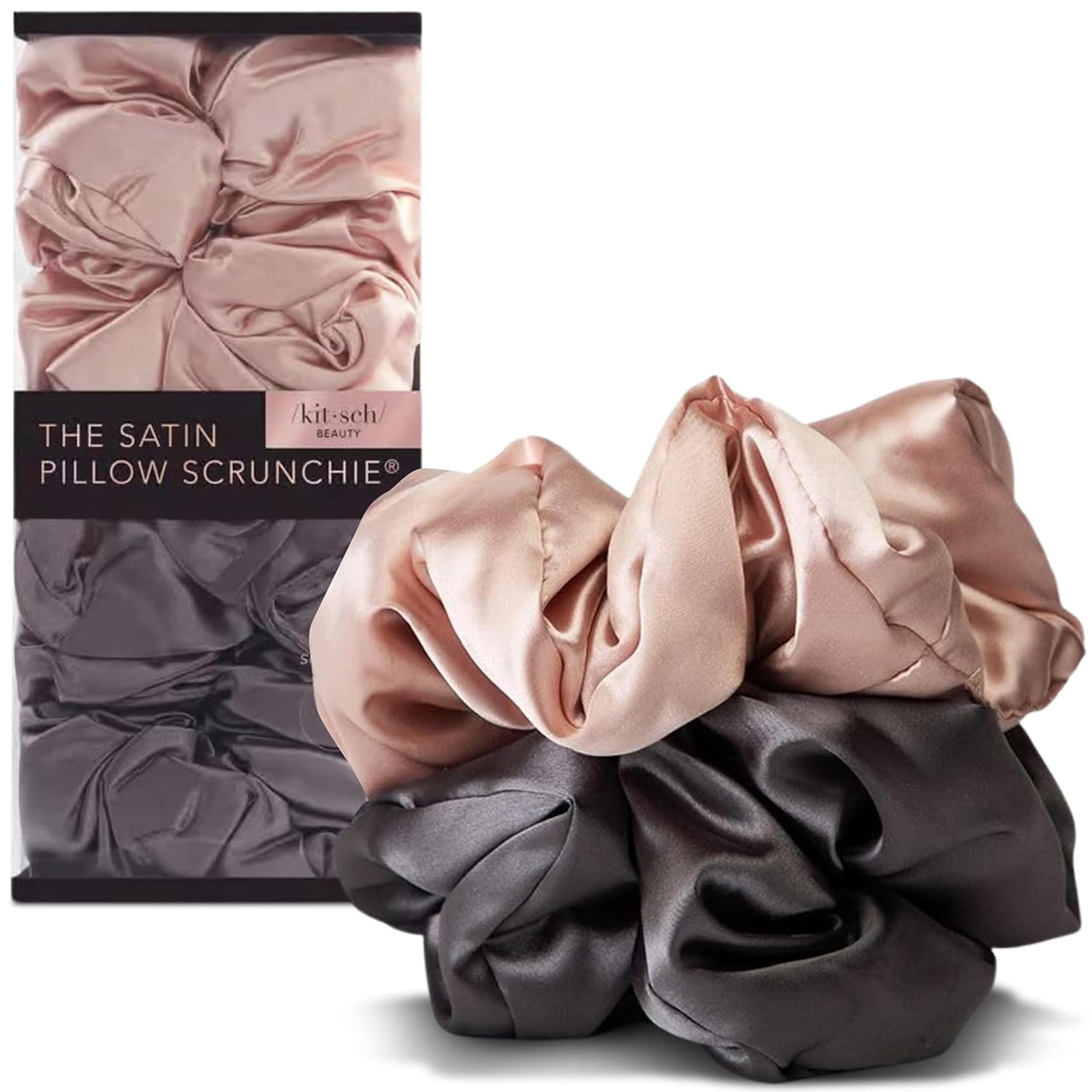 Kitsch Satin Pillow Scrunchies, Hair Accessories, Prevents Frizz and Breakage, Ideal for Overnight Use, Ponytails Buns, Up dos and Braids, All Hair Types, 2 count (Blush/Charcoal)