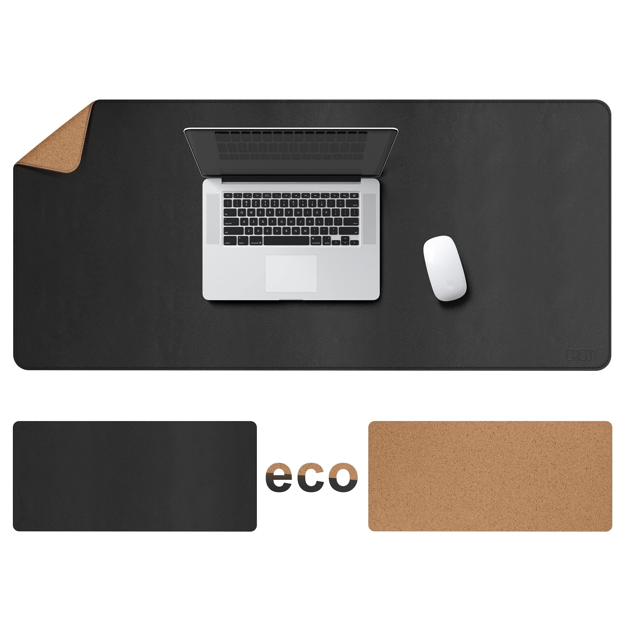 Cacoy 120x60 cm Cork & Leather Desk Mat, Dual-Sided Office Desk Pad Blotter, Large Gaming Mouse Pad for Desk, Waterproof PU Leather Desk Protector Mat for Office and Home, Black