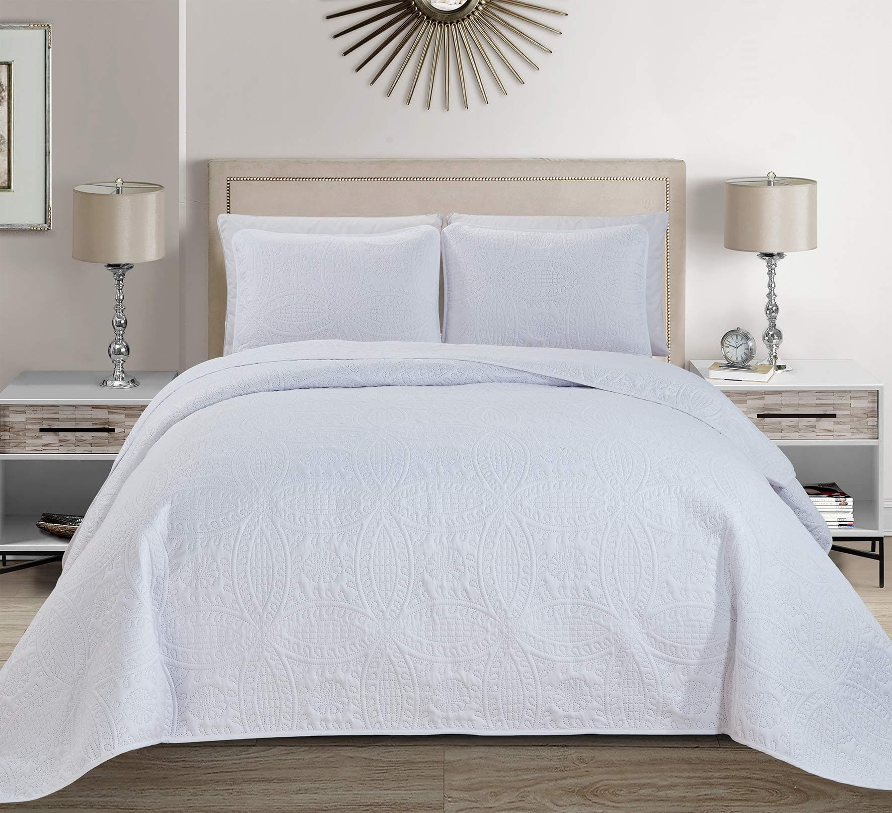 Linen Plus Collection 3 Pieces Full/Queen Over Size Embossed Coverlet Bedspread Set Solid White 106" x 100" New