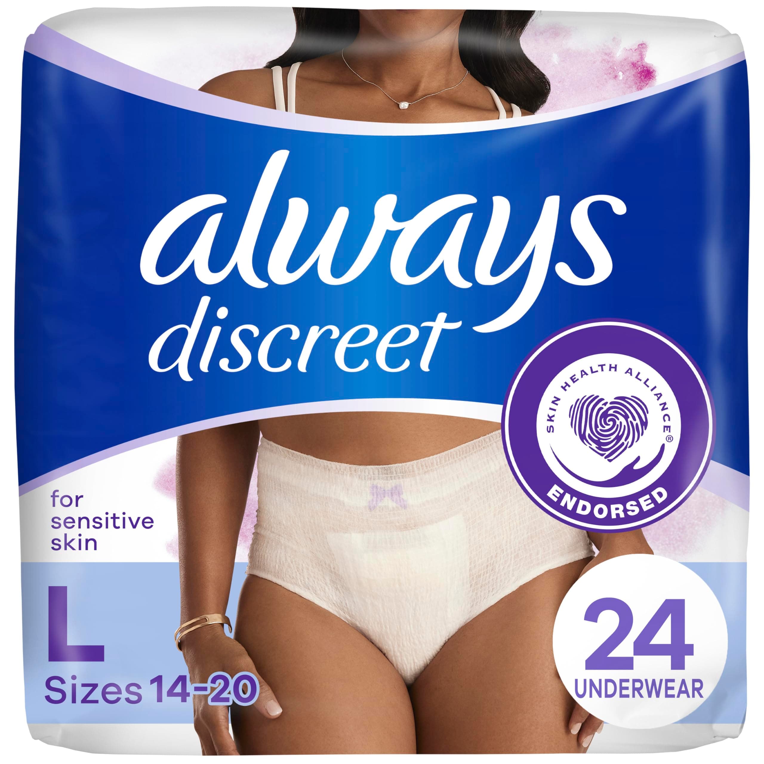 Always Discreet Sensitive, Incontinence & Postpartum Underwear For Women, Maximum Plus Protection, Large, 24 Count