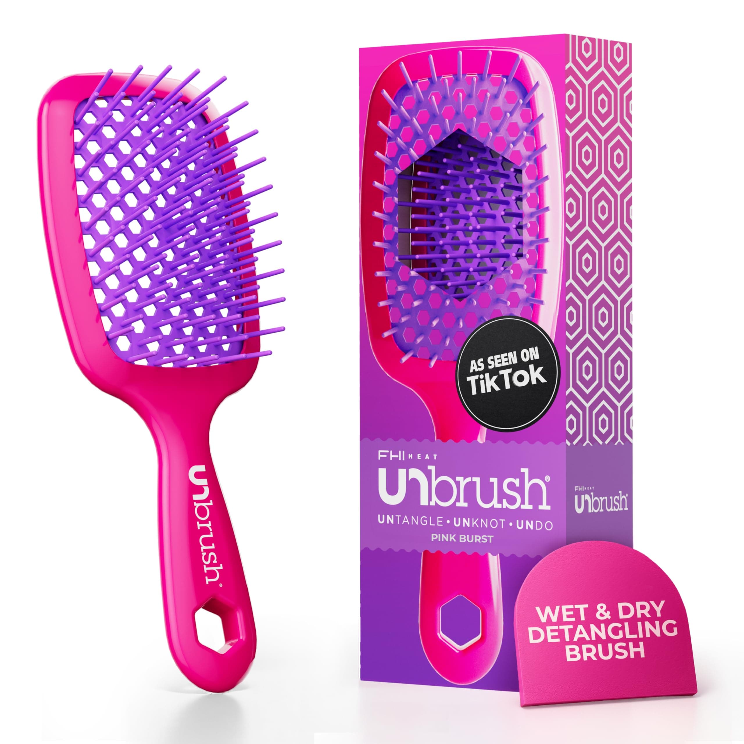 UNbrush Detangling Brush for Pain-Free Brushing on All Wet or Dry Hair Types β Durable DuoFlex Anti-Static Bristles, Lightweight Handle, Vented Hair Brush, Pink Burst
