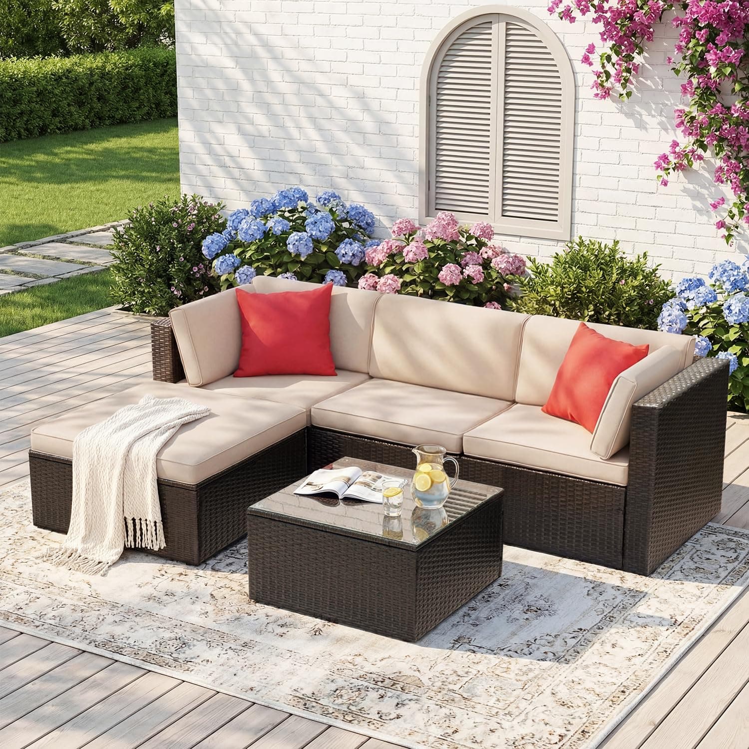 5 Pieces Patio Furniture Sets All Weather Outdoor Sectional Patio Sofa Manual Weaving Wicker Rattan Patio Seating Sofas with Cushion and Glass Table (Beige)