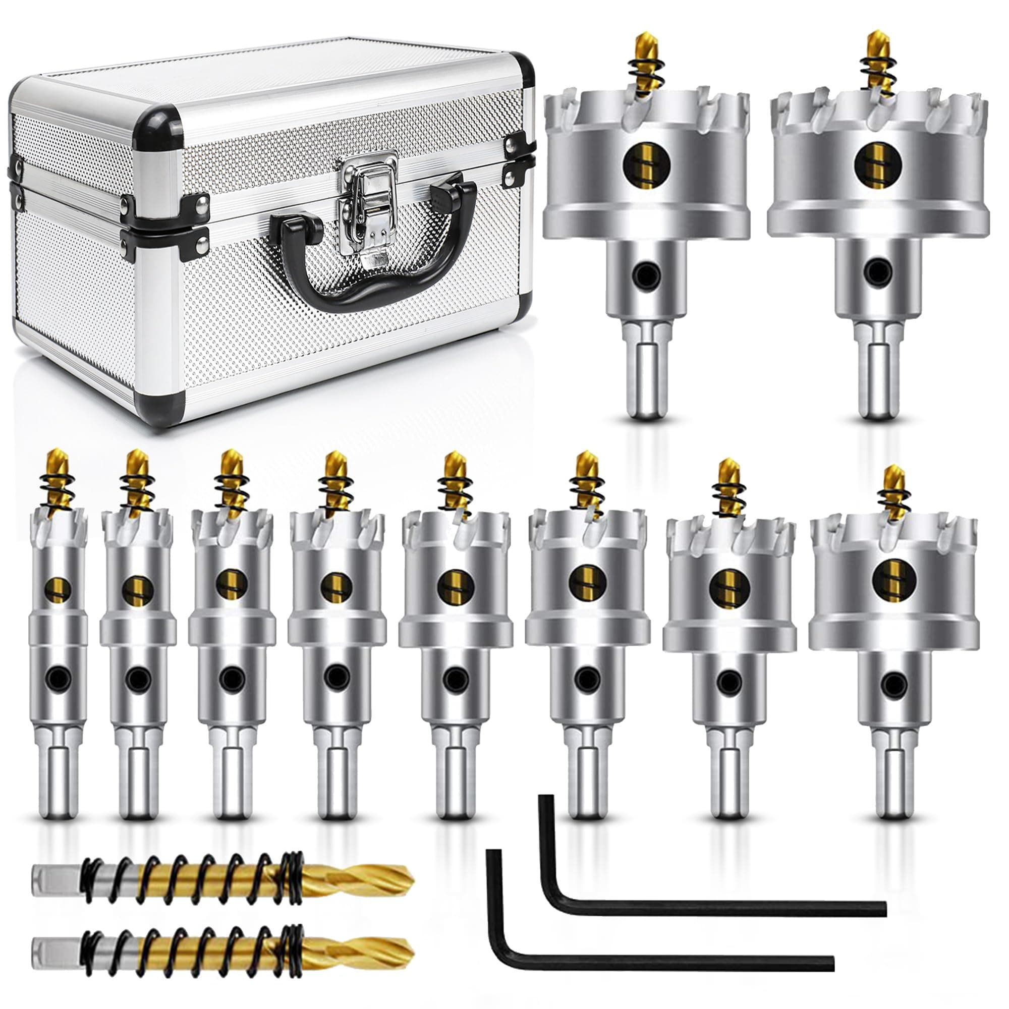 ASNOMY 12PCS TCT Hole Saw Kit for Hard Metal, 5/8"-2-1/8" Inch Tungsten Carbide Tipped Hole Cutter Set with Titanium-Plated Pilot Drill bit for Metal, Stainless Steel, Iron, Wood, Plastic