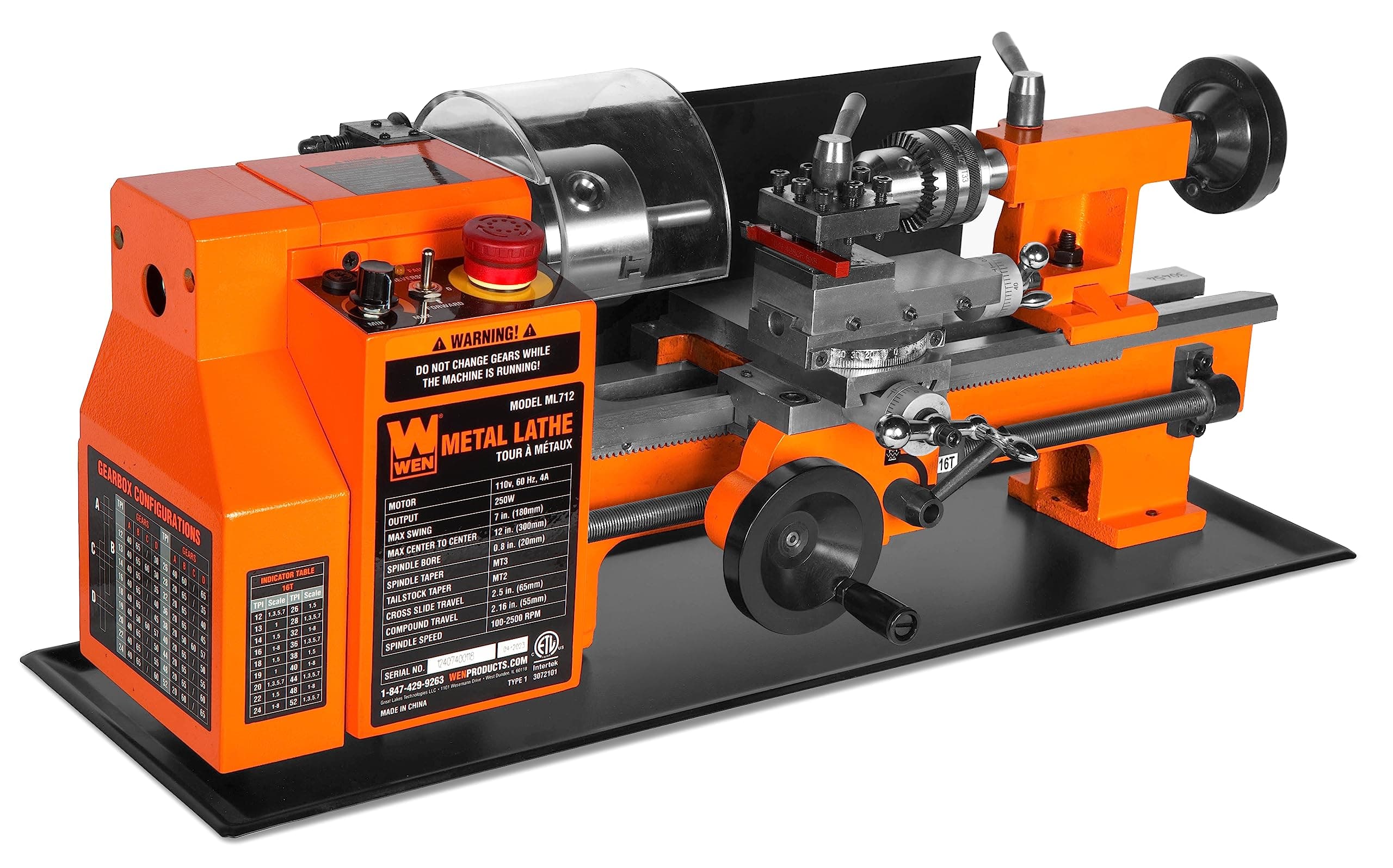 WEN 7-by 12-Inch Benchtop Metal Lathe, Variable Speed, Two Direction (ML712)