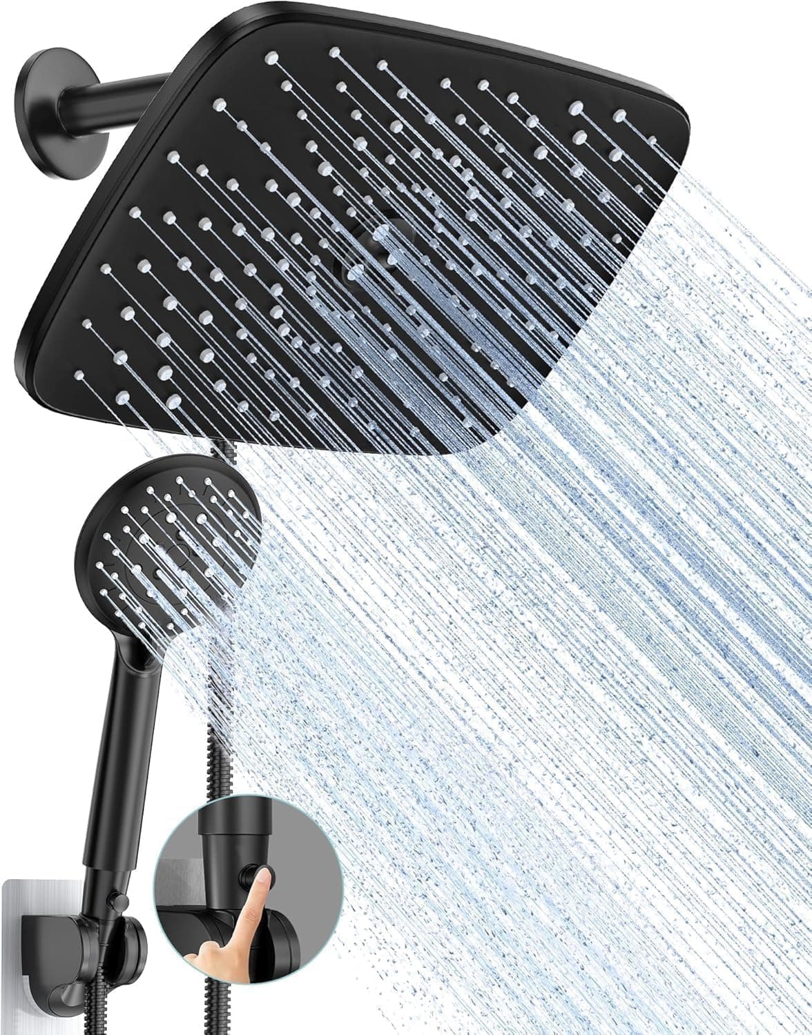 Veken 12 Inch High Pressure Rectangle Rain Shower Head - 6 Modes Shower Heads Handheld Spray Combination - Wide Shower with 70 Inch Hose - Adjustable Double Shower Head with Anti-clog Nozzles