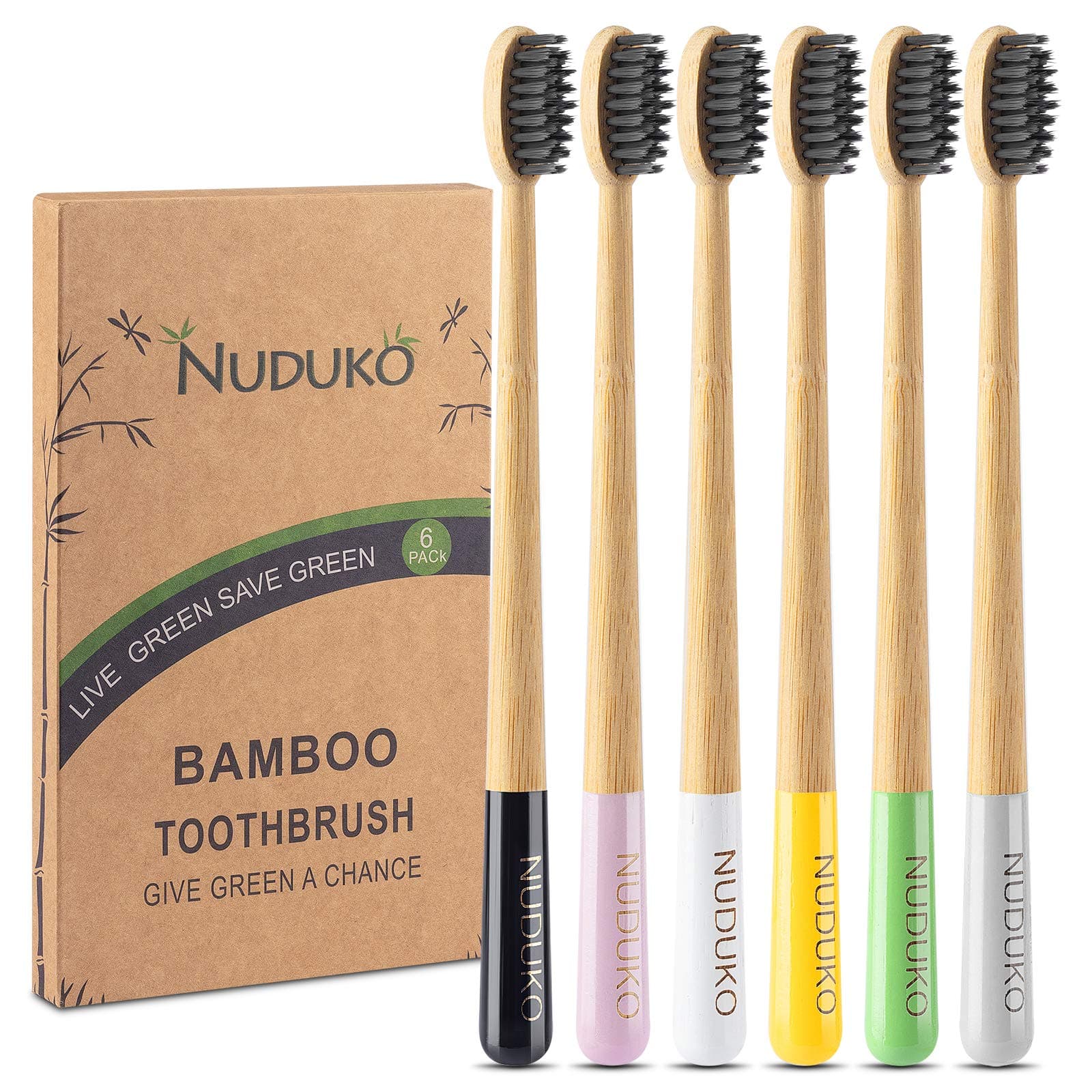 Biodegradable Charcoal Toothbrush Bamboo Toothbrushes - 6 Pack Eco-Friendly, Natural Wooden Tooth Brush, BPA Free Travel Size Organic Soft Bristle Toothbrushes for Adults, Cone Handle