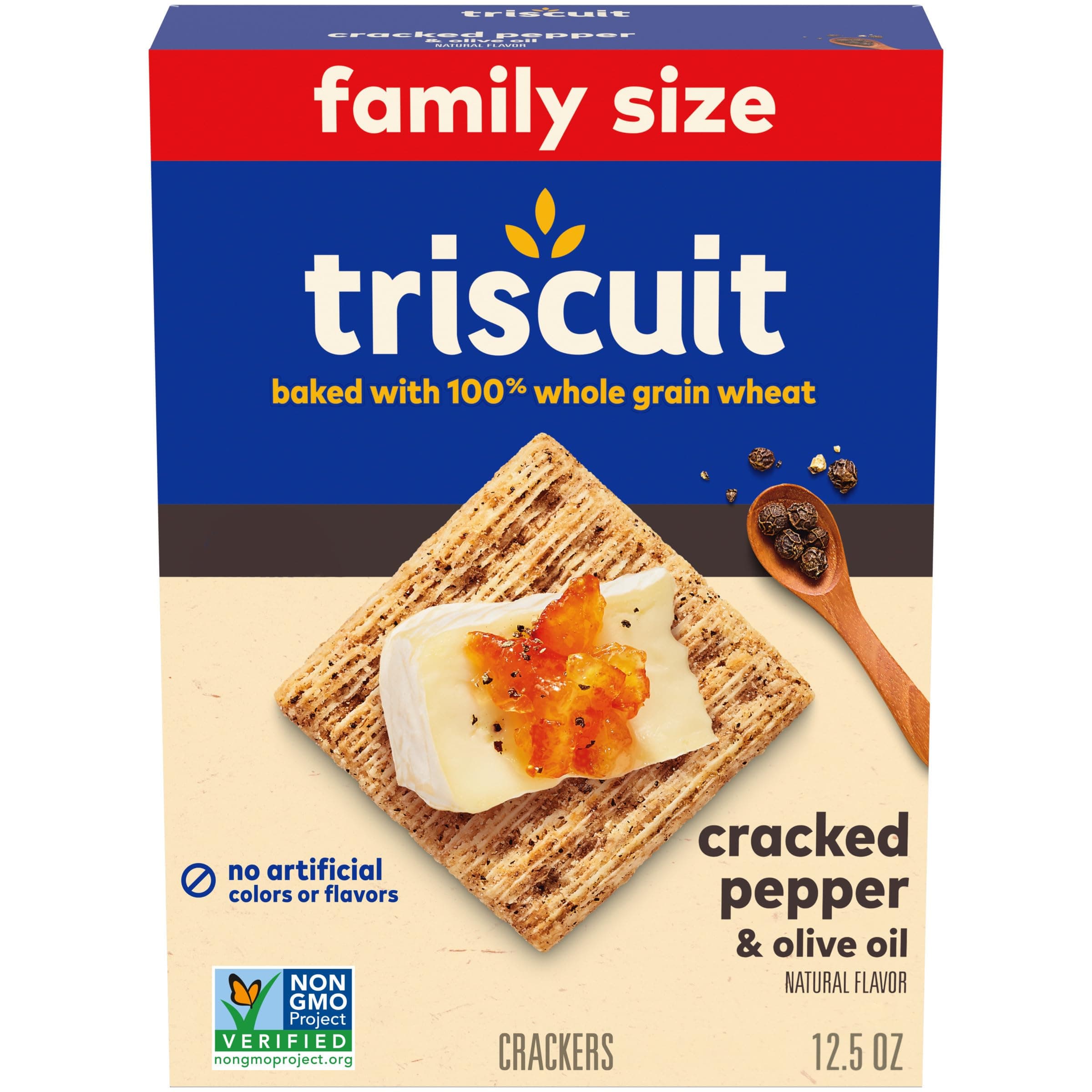 Triscuit Cracked Pepper & Olive Oil Whole Grain Wheat Crackers, Lunch Snacks, Snack Crackers, Family Size, 12.5 oz