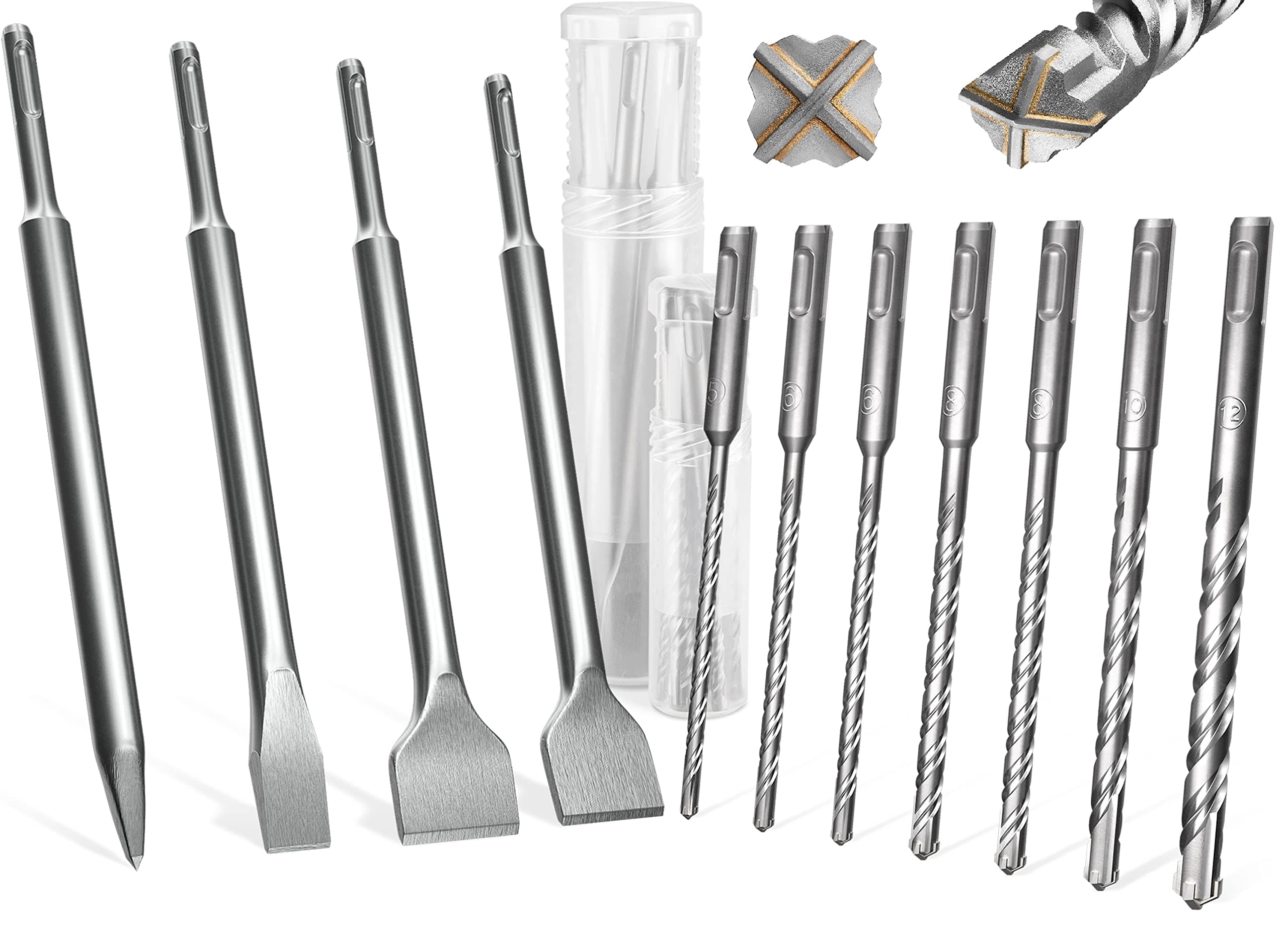 KSP-TEC® | Carbide - Cross Tipped SDS-Plus Rotary Hammer Drill and Chisle Bit Set with Storage Case for Masonry, Concrete, Brick, Stone (11pcs)