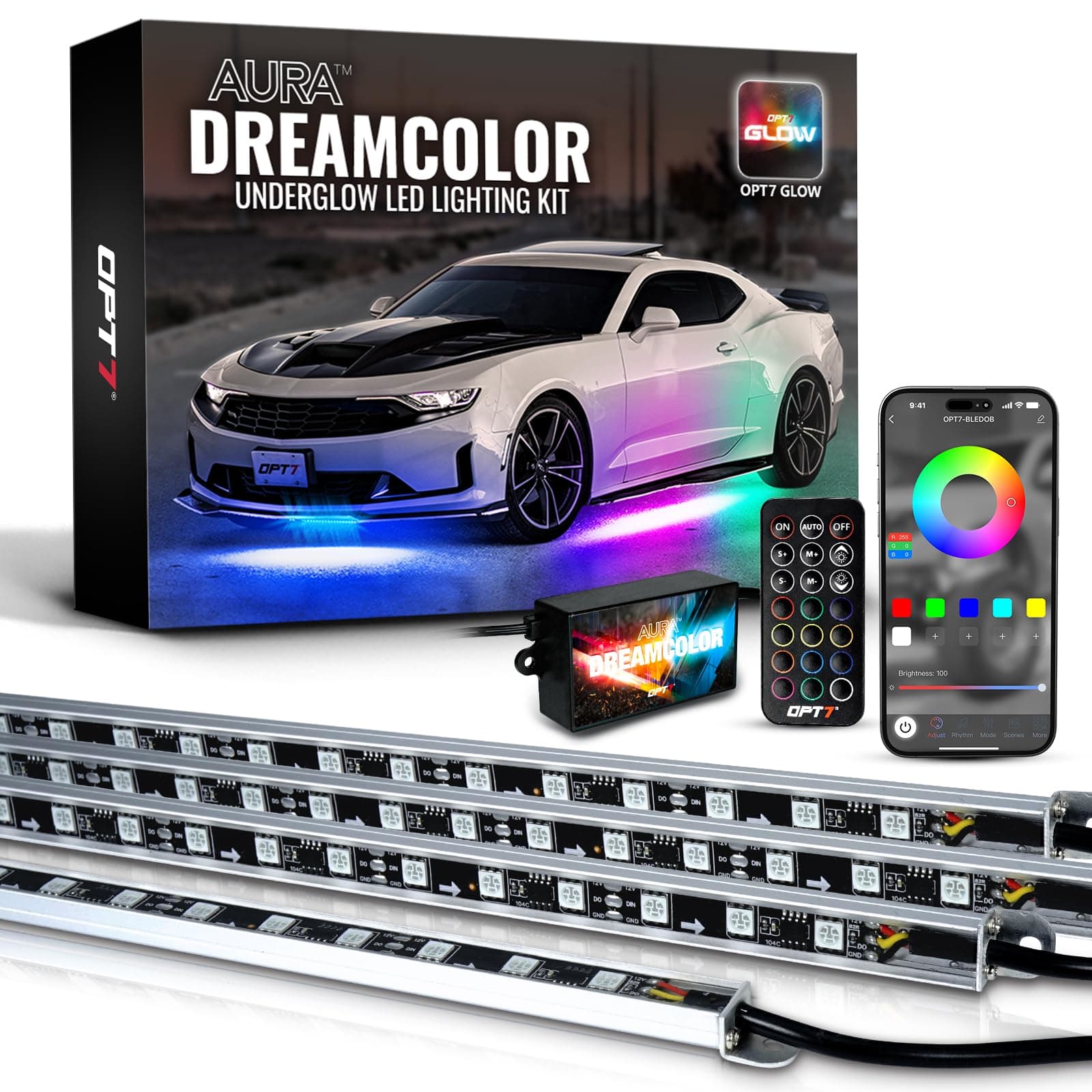 OPT7 Aura DreamColor Underglow Chasing Lights for Car with APP & Remote Control, Waterproof Rigid Aluminum LED Light Bar, 12V Exterior Neon Accent Underbody RGBIC Light Kit, Multicolor Easter Decor
