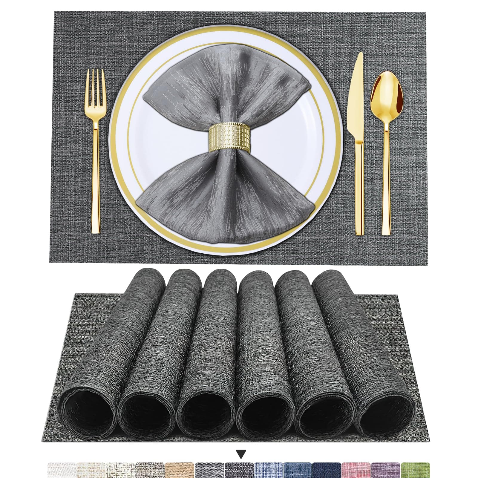 BETEAM Placemats Set of 6 Woven Vinyl Placemat for Dining Table Washable Wipeable Kitchen Place Mats Durable Indoor Outdoor Table Mats -01 Dark Grey, 6 Pcs