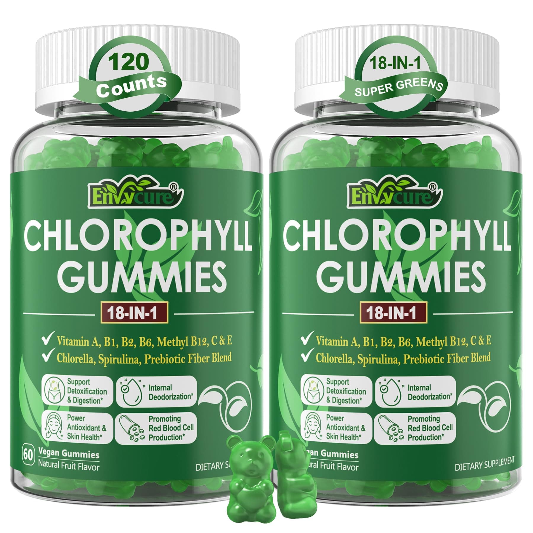 Chlorophyll Gummies, Super Green 18-IN-1 with Organic Chlorella Spirulina, Wheat Grass, Magnesium, Prebiotic Fiber for Internal Deodorant*,Comfort Digestion, Metabolism,Immune, Fresh Body Odor, 2Packs