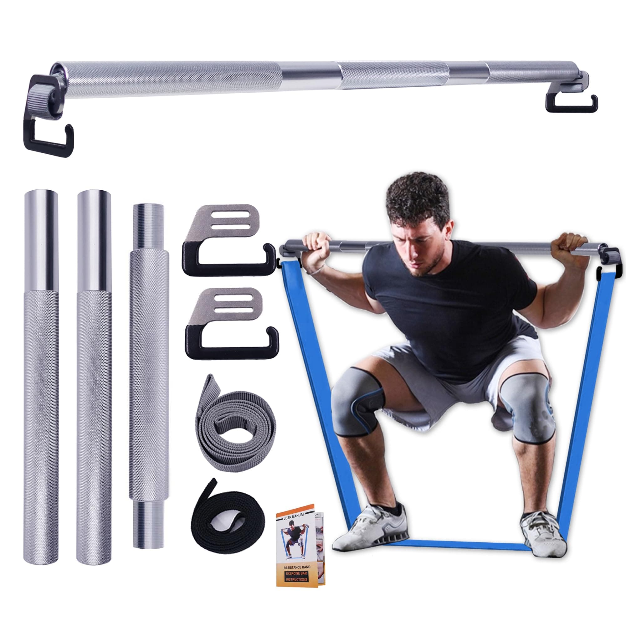 Fitness Resistance Band Exercise Bar Large Hook 37.8" Length With Handles Heavy Duty Bar