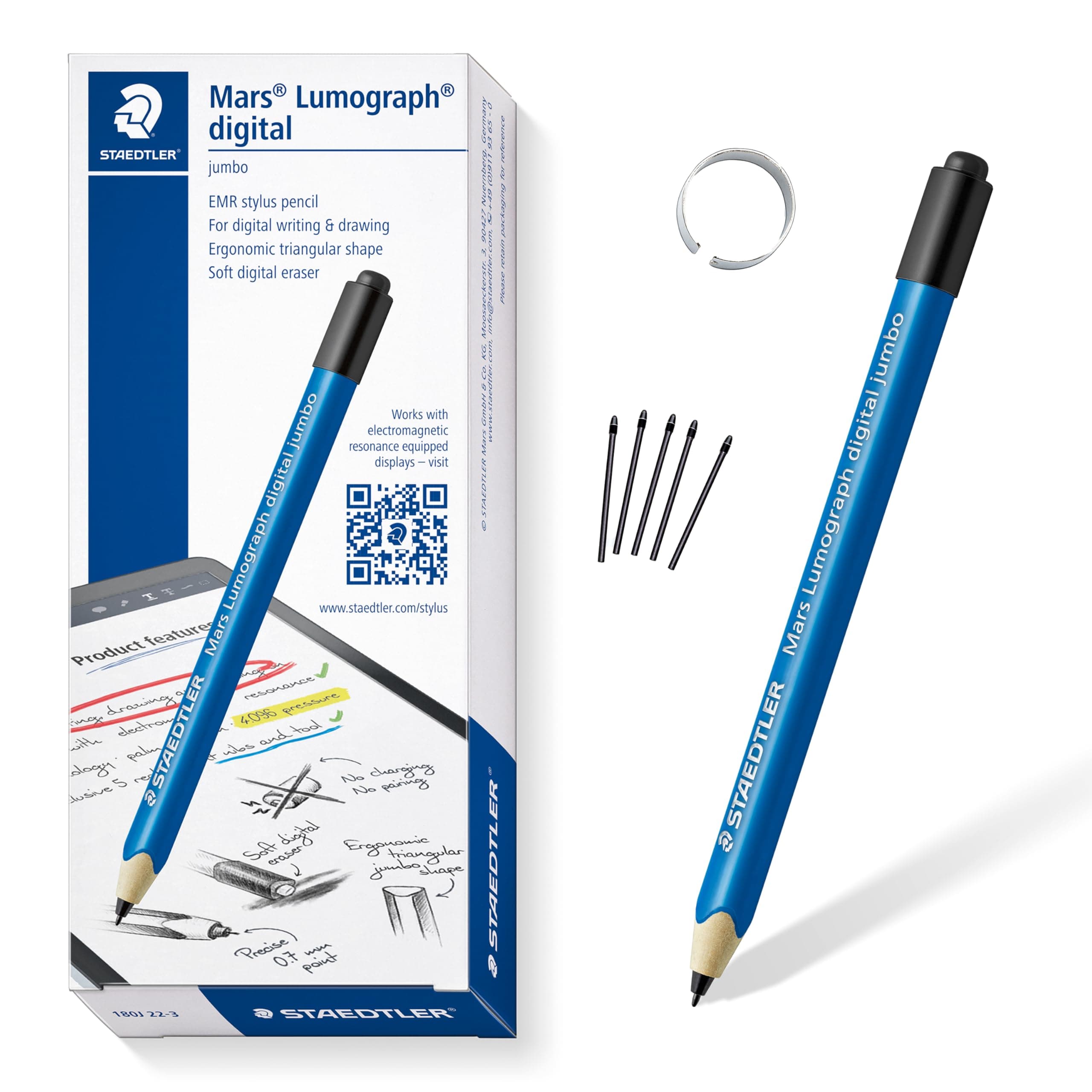 Staedtler Mars Digital Jumbo 180J 22nd EMR Stylus with Soft Digital Eraser. Stylus for Digital Writing, Drawing and Erasing on EMR Touch Screens (4,096 Pressure Levels, 0.7 mm Tip)