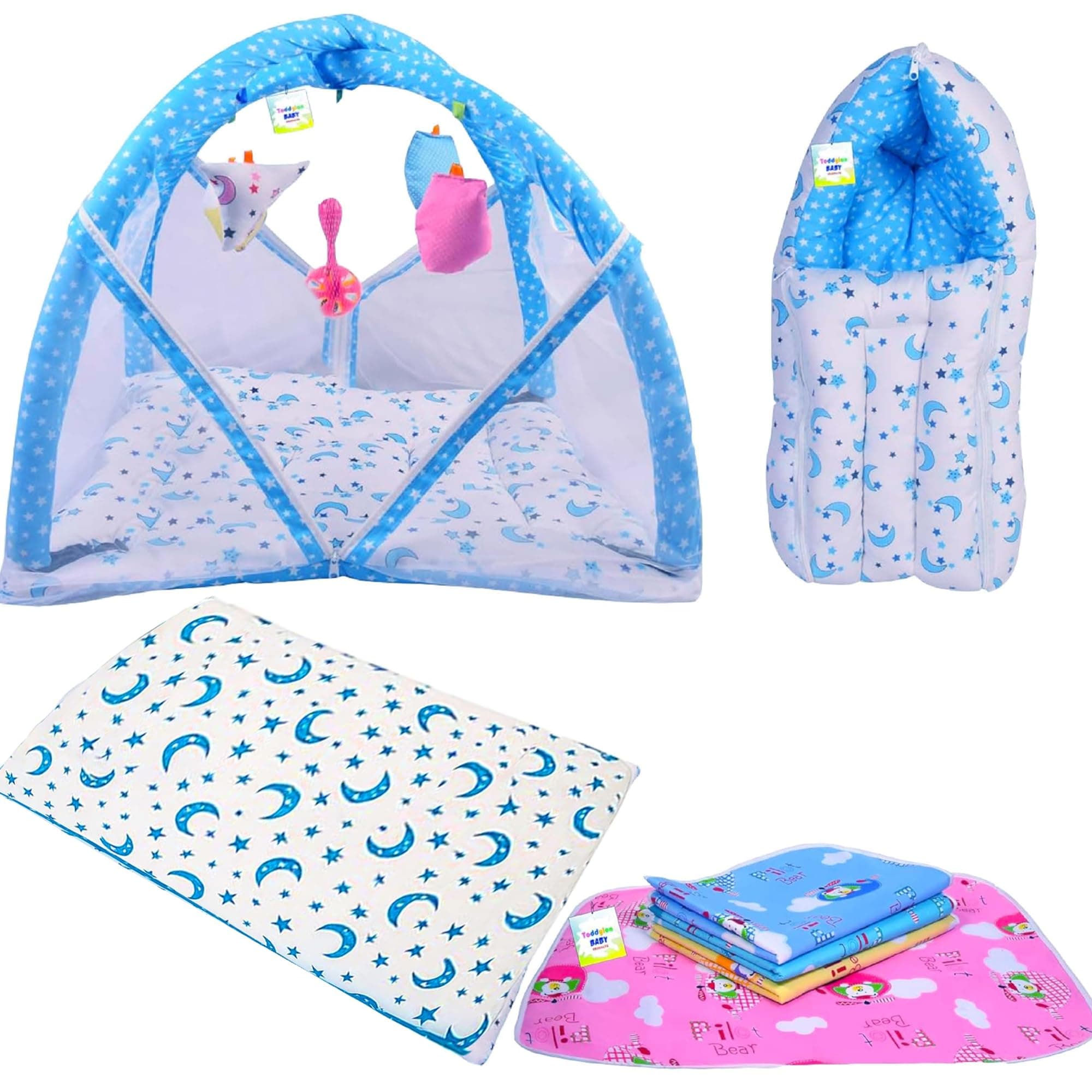 Toddylon Baby Bedding Set New Born Baby Bed | Mattress | Mosquito Net | Carry Bag | Essentials | Carry Bag | Cotton Combo | Infant beds | Products (0-6 Months) (4PCS Set)