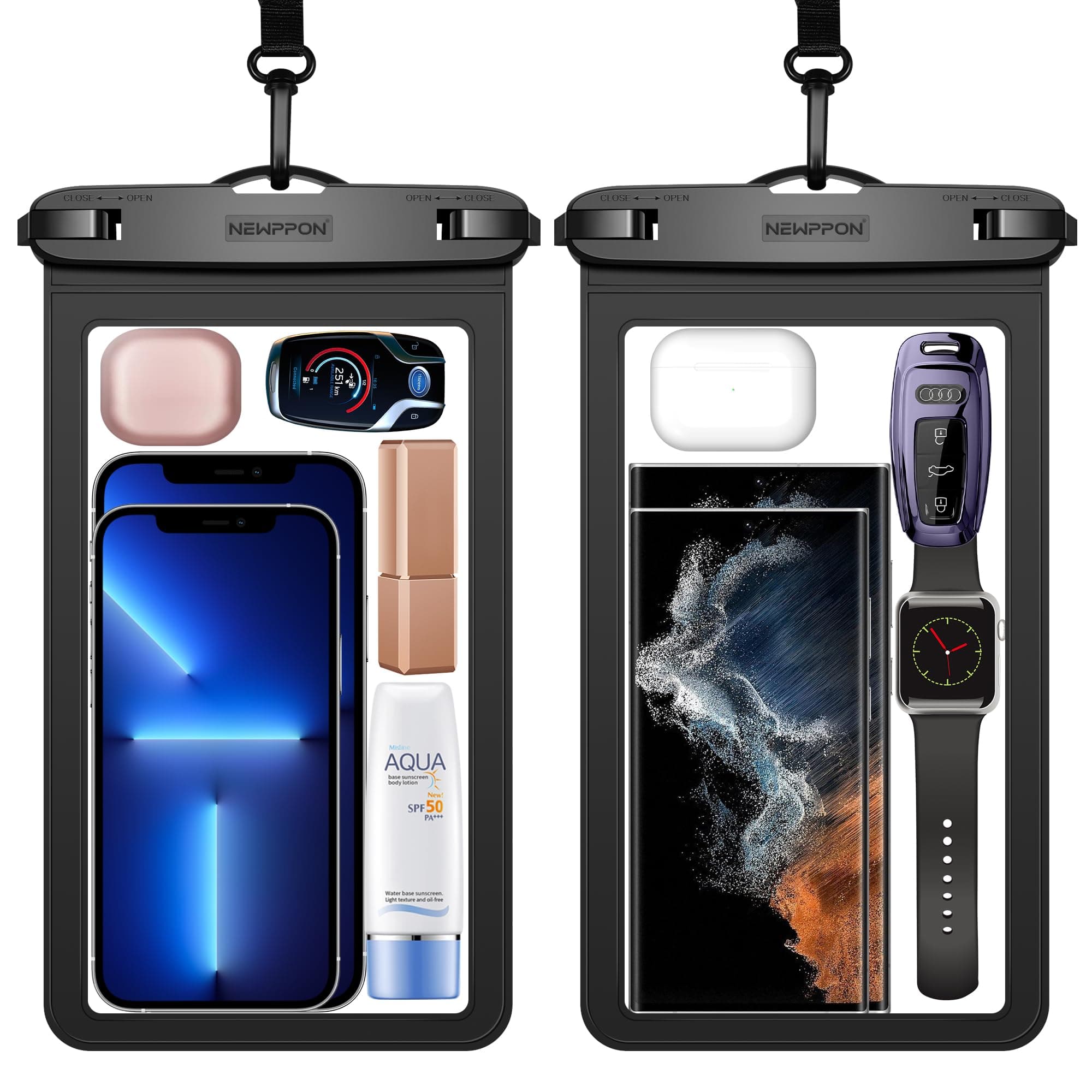 Large Waterproof Phone Pouch : 2 Pack Underwater Clear Cellphone Holder - Universal Water-Resistant Dry Bag Case with Neck Lanyard for iPhone Samsung Galaxy for Beach Swimming Pool