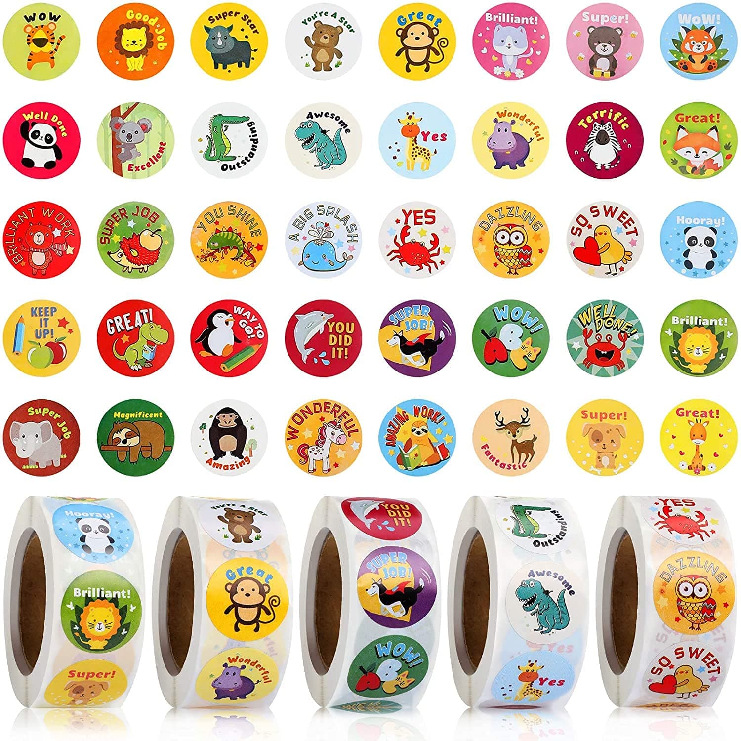 Reward Stickers for Teachers, 2500 Pieces Motivational School Stickers for Children Animal Cartoon Motivational Stickers Teacher Supplies for Classroom 5 Rolls