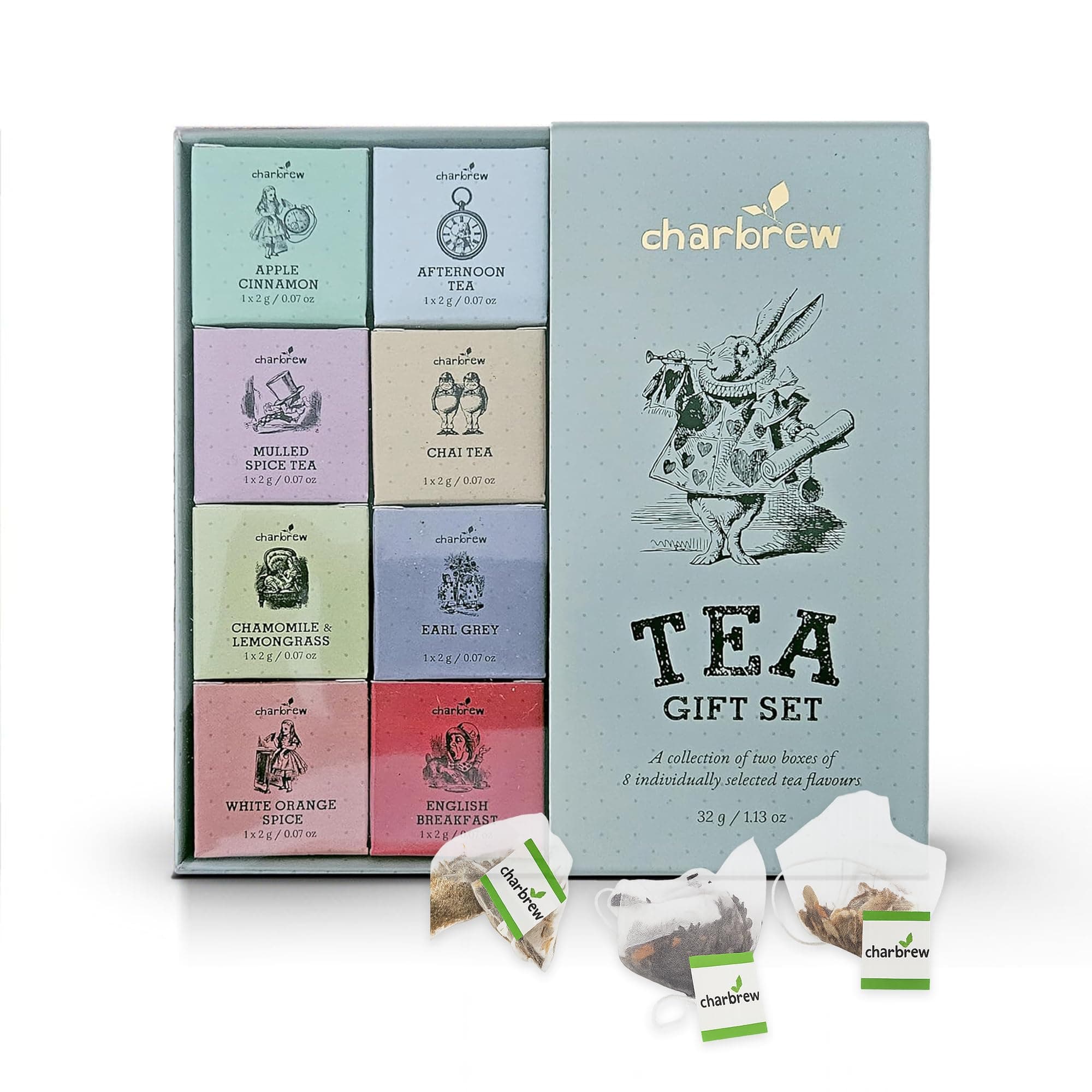 Charbrew Alice In Wonderland 16 Box Assortment Tea Gift Set - 16 Mesh Teabags 8 Mix Tea Blends Including Classic & Herbal/Fruit