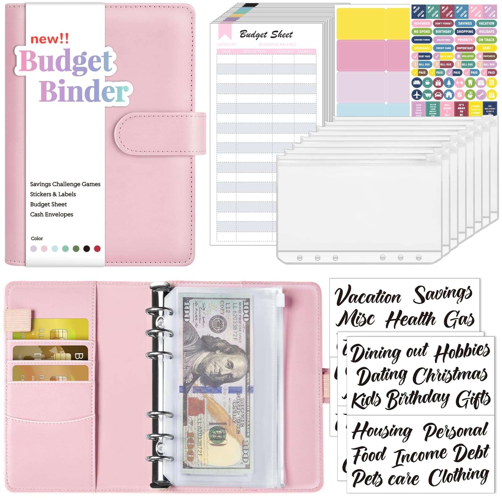 Sooez Budget Binder with Money Saving Challenge, Money Saving Binder with Cash Envelopes, Expense Sheets, Challenge Tracker & Category Labels, Envelope Savings Challenges Book for Home Office School