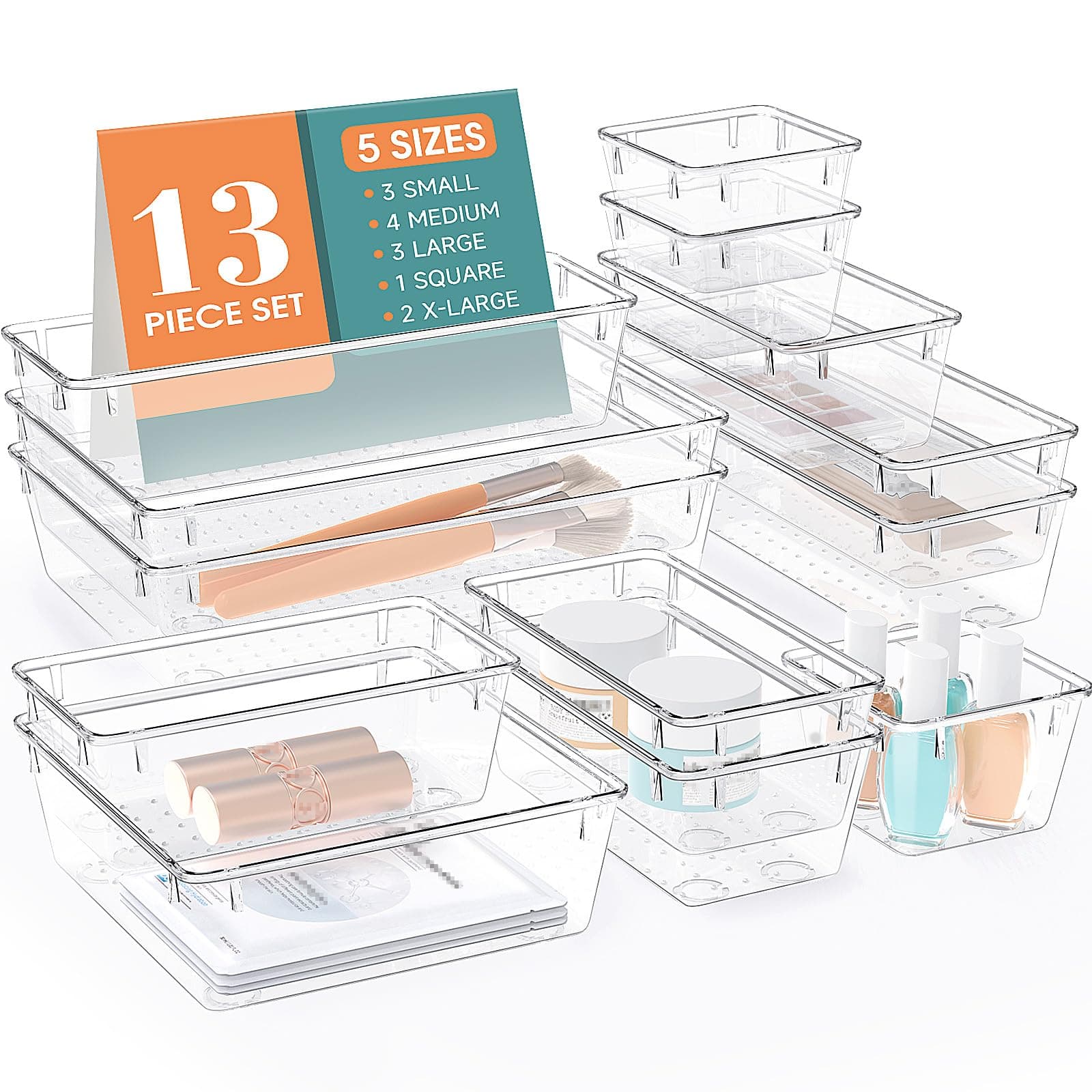 WOWBOX Drawer Organizer Set, Acrylic Drawer Storage Trays, Storage Bins for Makeup, Cosmetics, Jewelries, Utensils, Gadgets, Office (13 pcs Set)