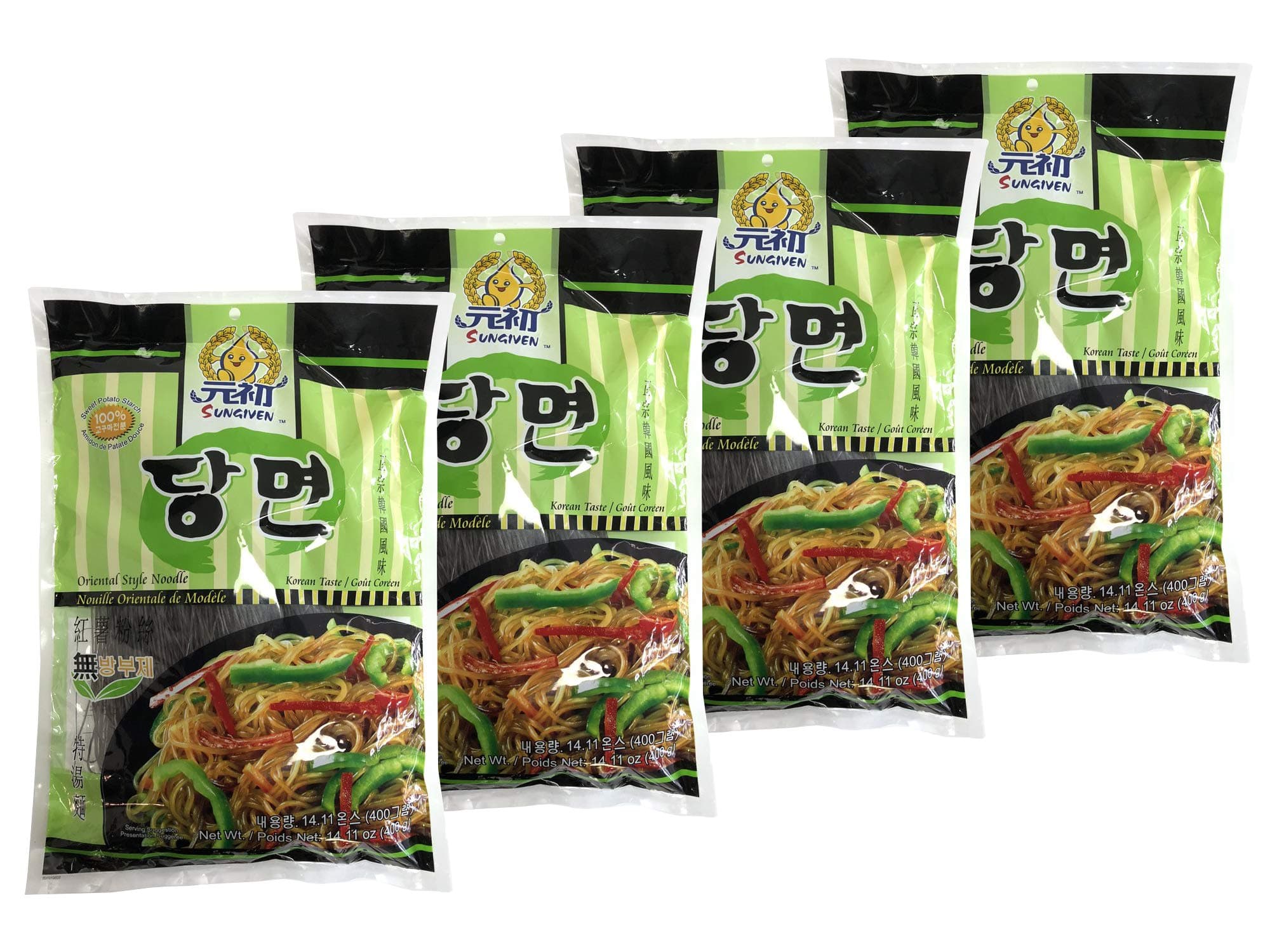 SUNGIVEN Sweet Potato Glass Noodles, Korean Vermicelli Pasta, Fat-free and Gluten-free, 100% Sweet Potato Starch, No Additive, No Alum inside, 14.11 Ounce (Pack of 4)