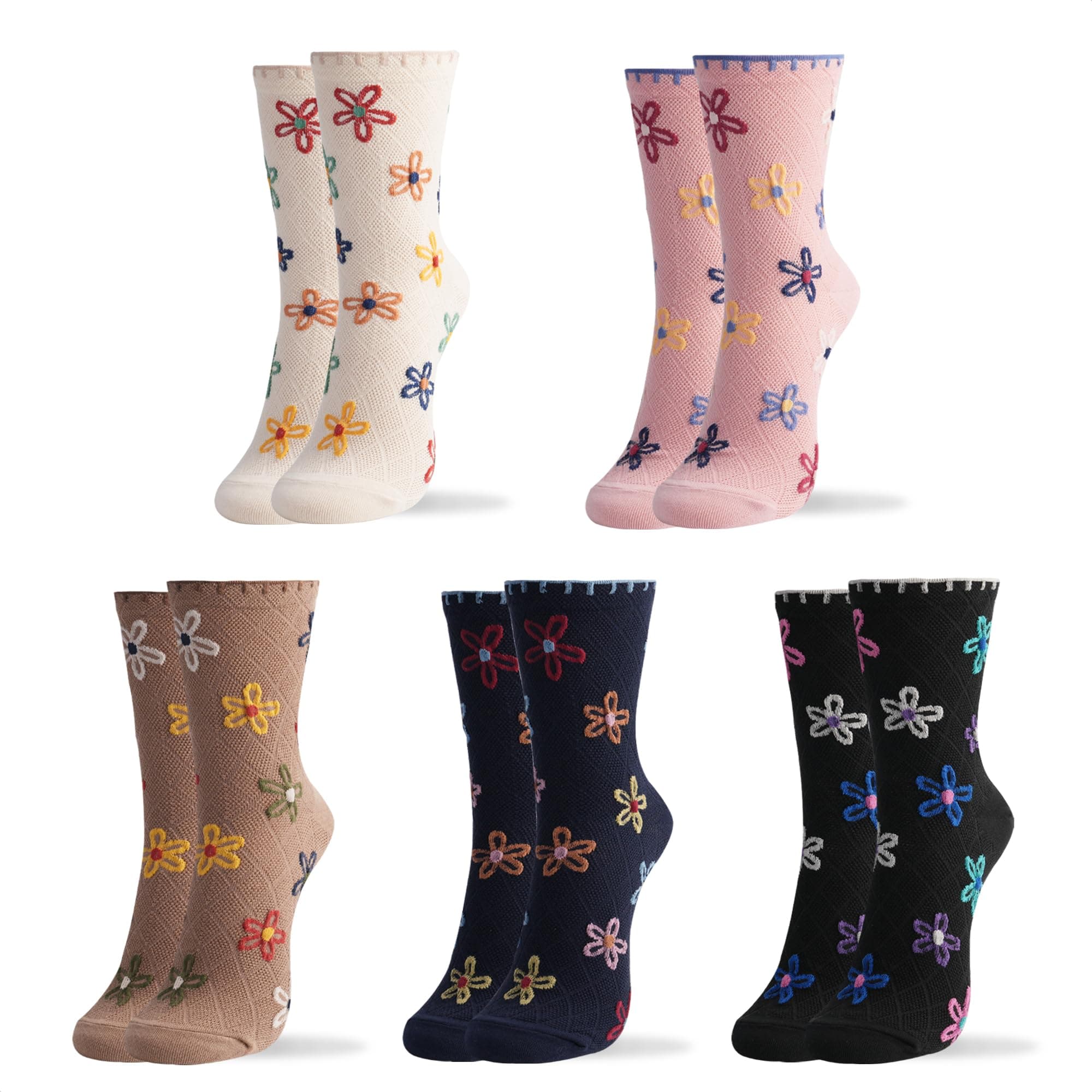 kikiya socks Women Crew | 4-6 Pairs Floral Heart Print Polka Dot Pattern Rainbow Tube Ladies Girls Cute Cotton Socks | US 6-8