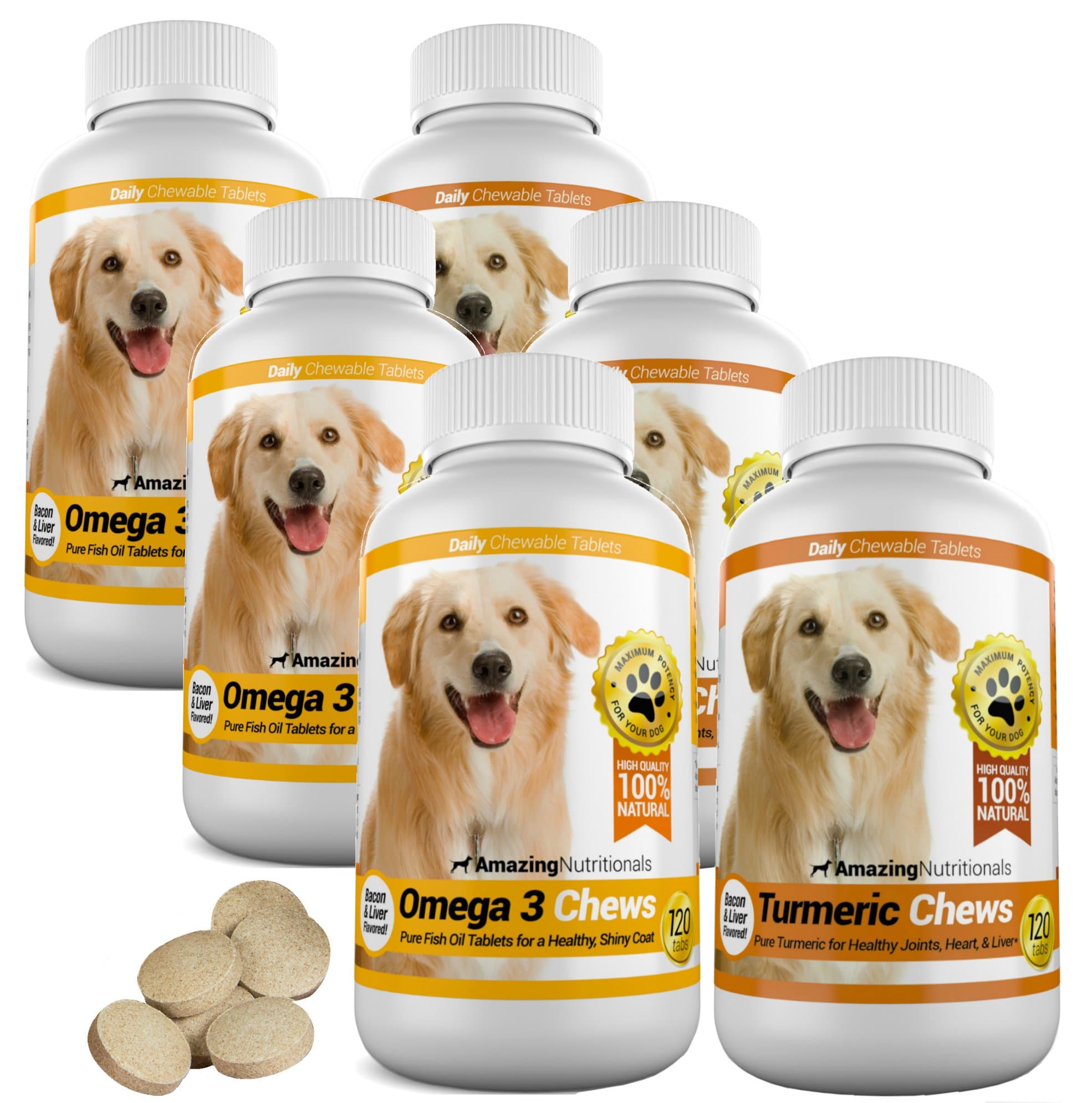 Amazing Combo Omega-3 Fish Oil and Turmeric Curcumin for Dogs - Pure All-Natural Pet Antioxidant - Promotes Shiny Coat, Brain Health, Eliminates Diarrhea Gas and Joint Pain, 120 Tasty Chews x 2