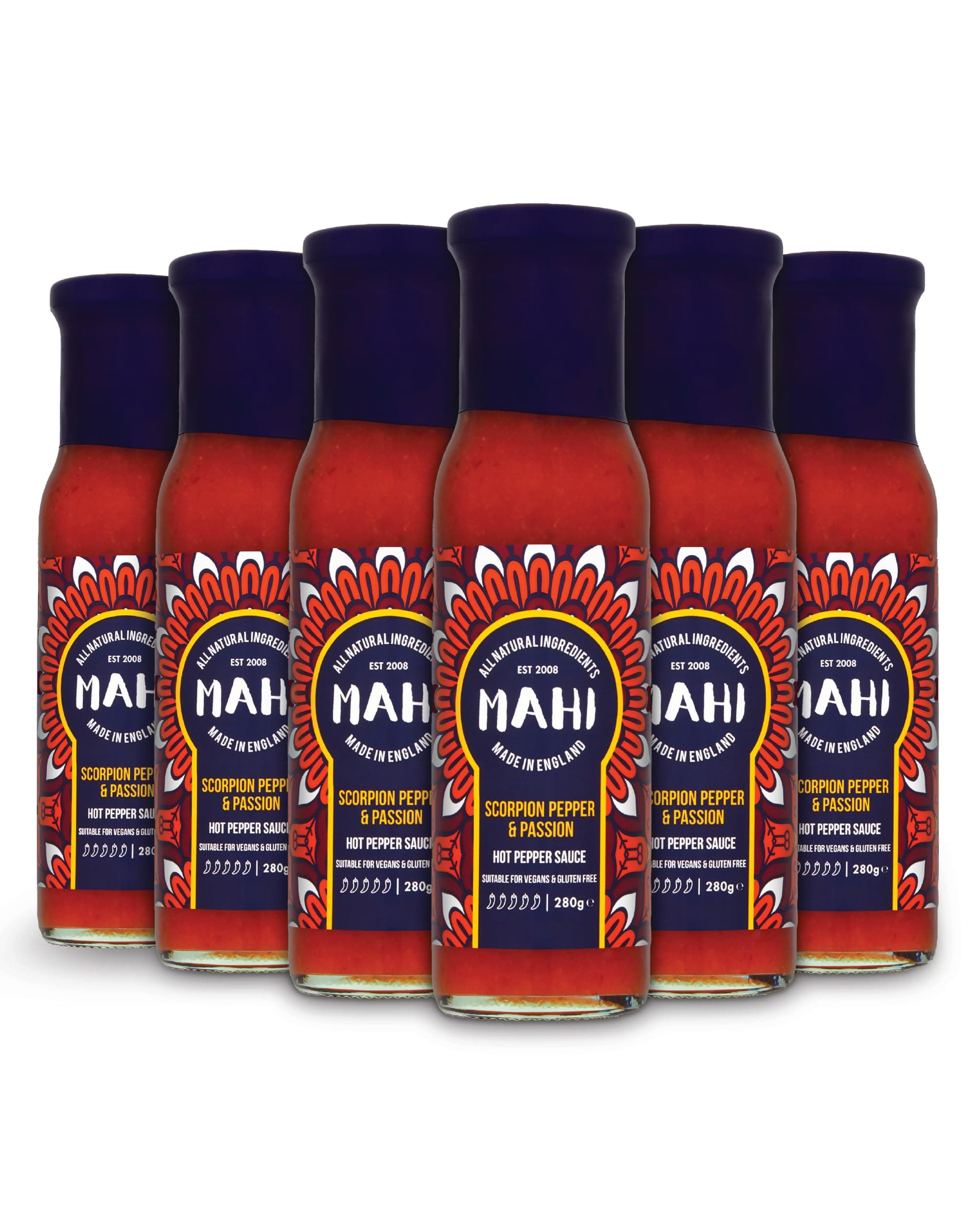 MAHI Hot Chilli Sauce - Scorpion Pepper & Passion Extra Spicy Sauce | 6x Pack | Vegan & Gluten Free | No Artificial Colours or Flavours | Extra Hot With Trinidad Scorpion Peppers (6x 165g Bottles)