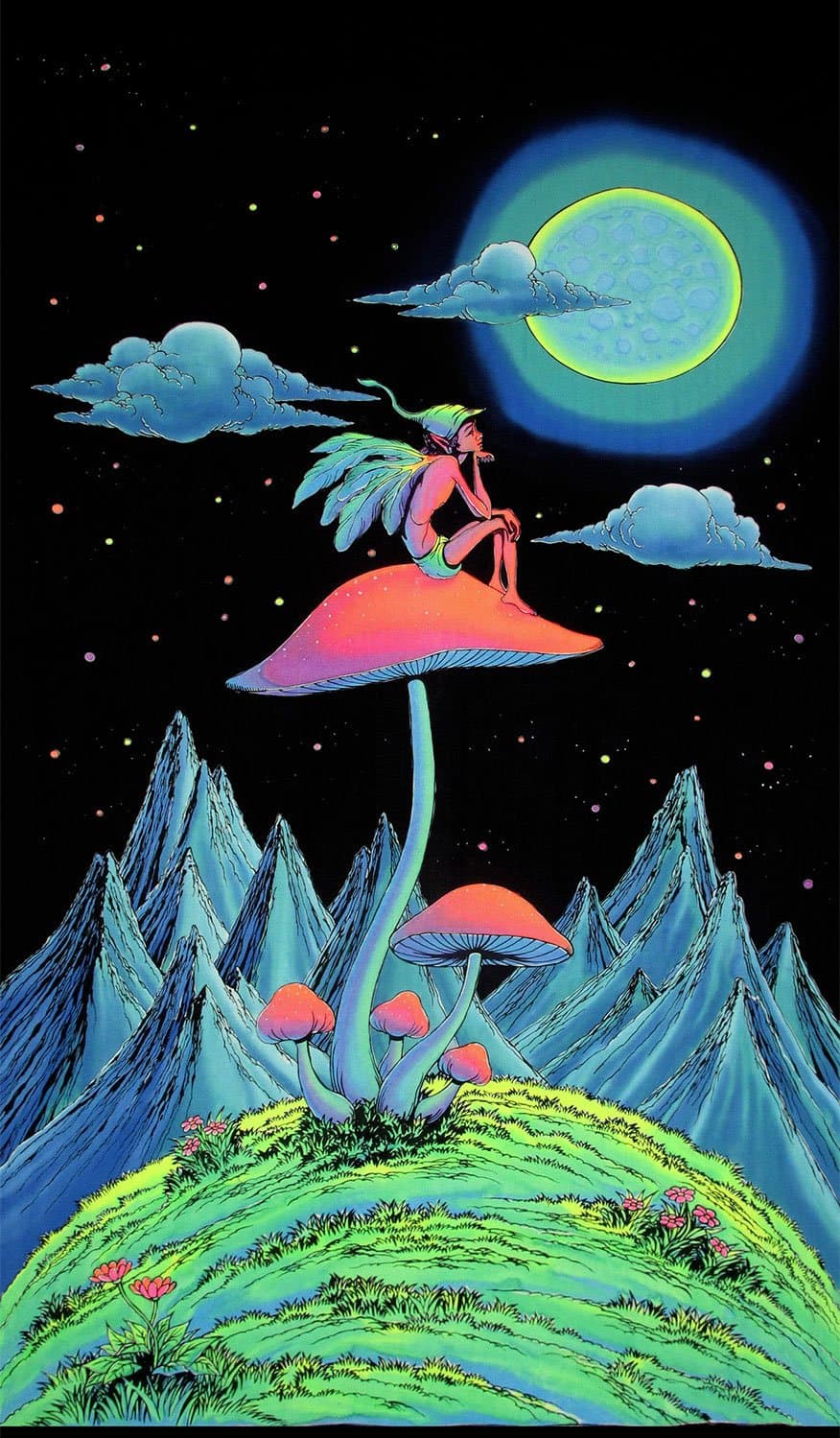 Space Tribe Psychedelic Tapestry 'Mushroom Fairy' - Hand-Painted and Silkscreen Batik Wall-Hanging - UV Active Wall-Hanging -Trippy Wall Art - Black Light Active Trippy Tapestry - Fantasy Tapestry