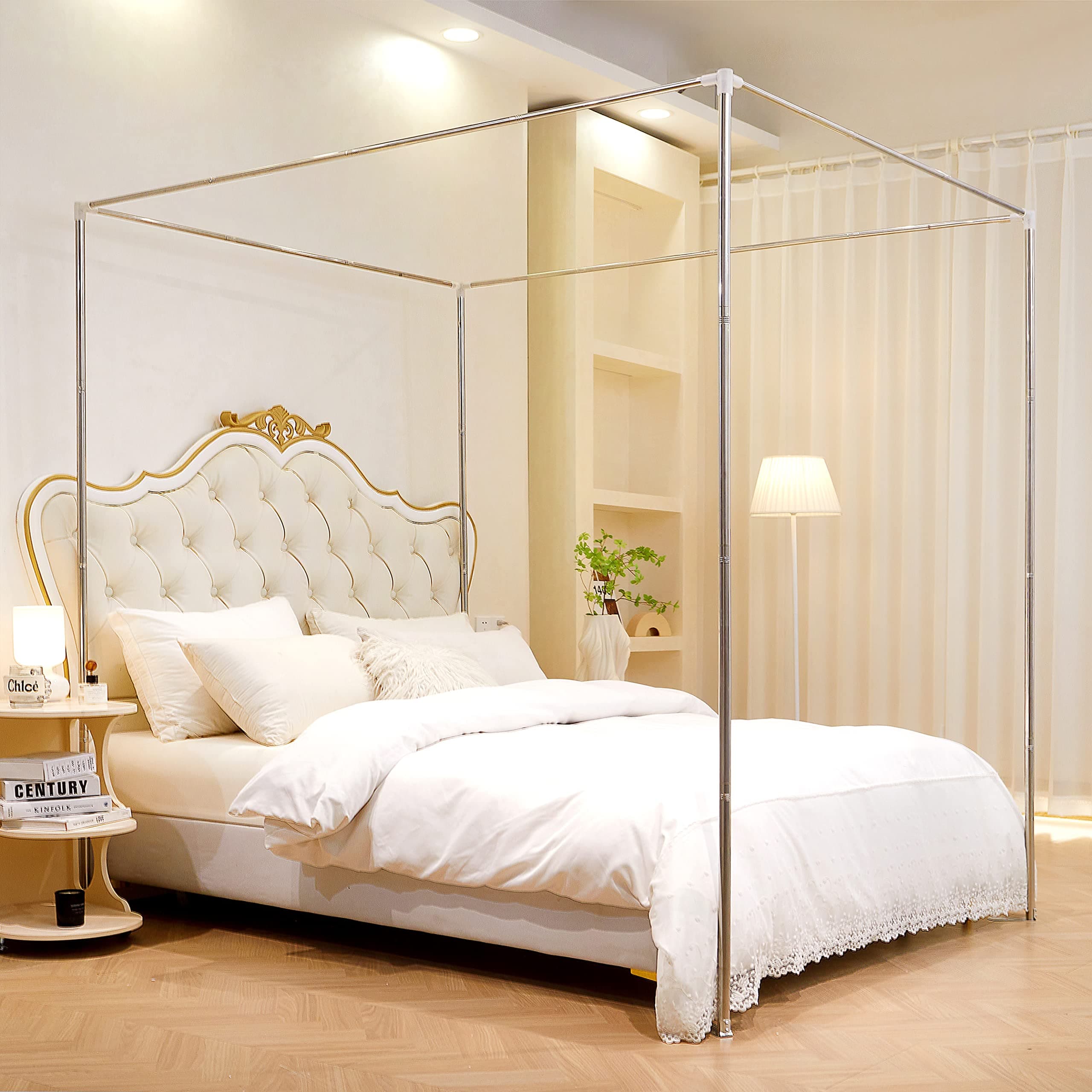 King Size Canopy Bed Frame, Stainless Steel Bed Post Poles, Thicken Bed Canopy Frame with Brackets for Metal & Wood Beds, Bedroom Decor